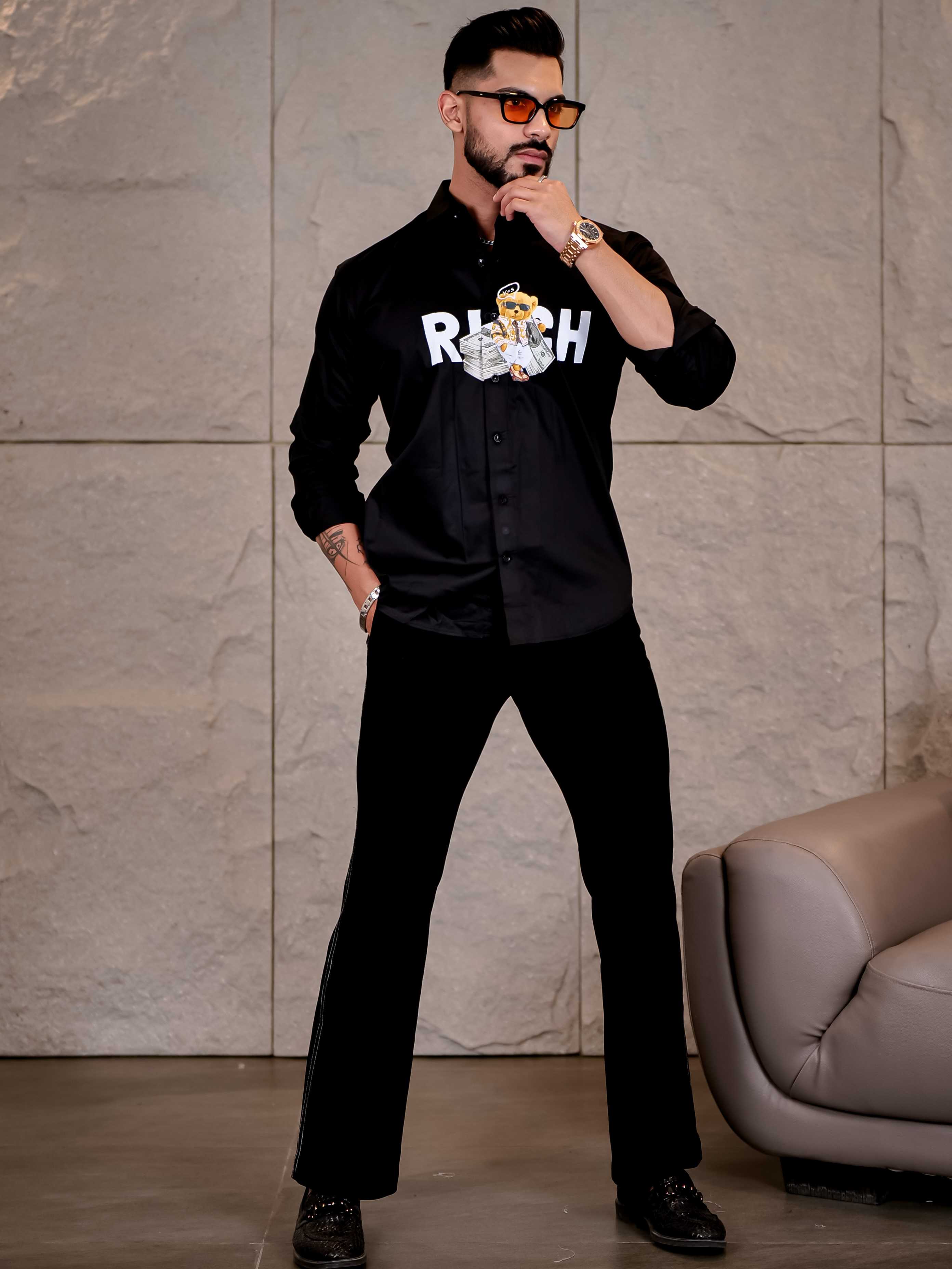 Black Club Wear Rich Printed Satin Cotton Shirt - Image 7