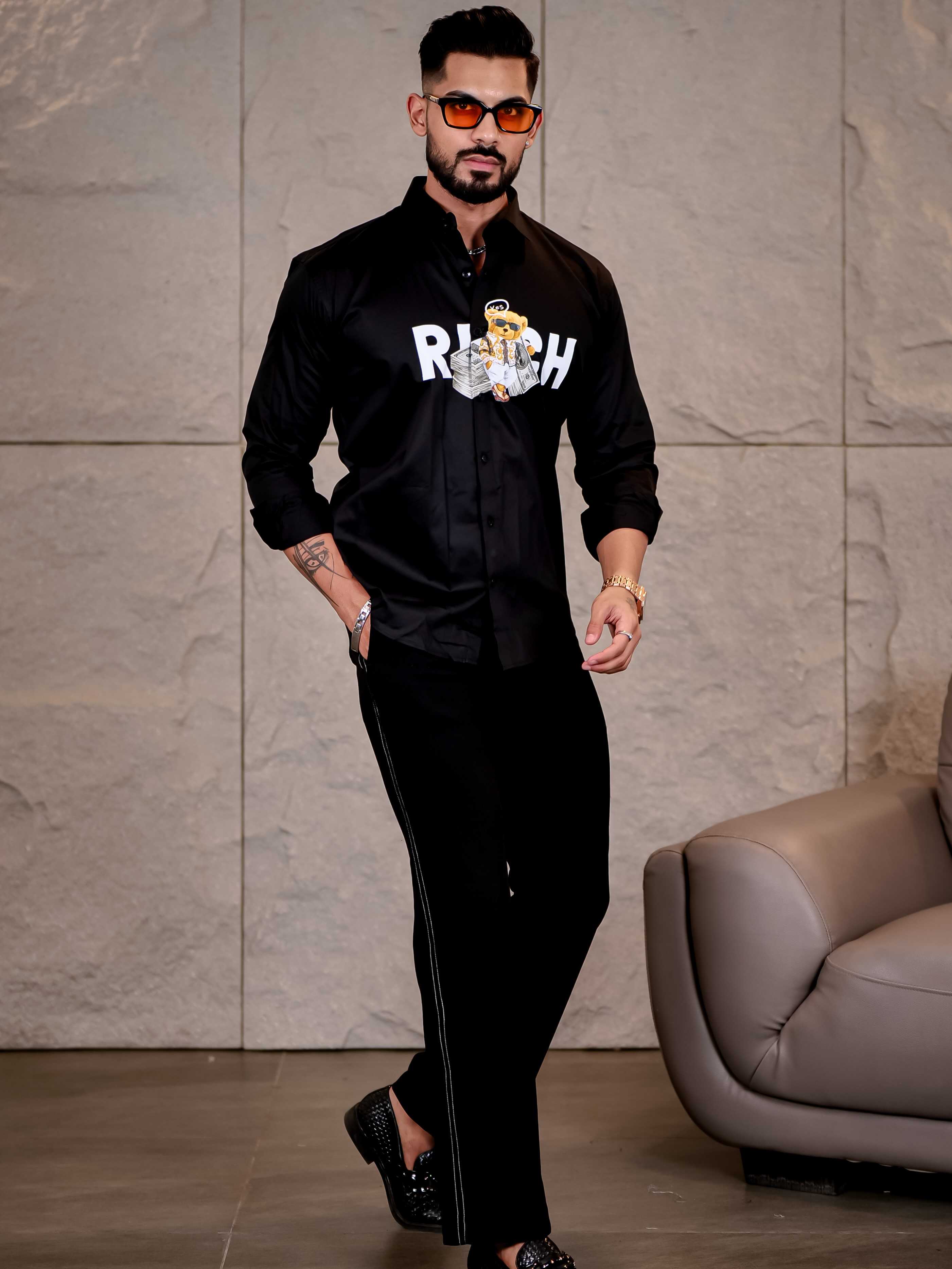 Black Club Wear Rich Printed Satin Cotton Shirt - Image 8