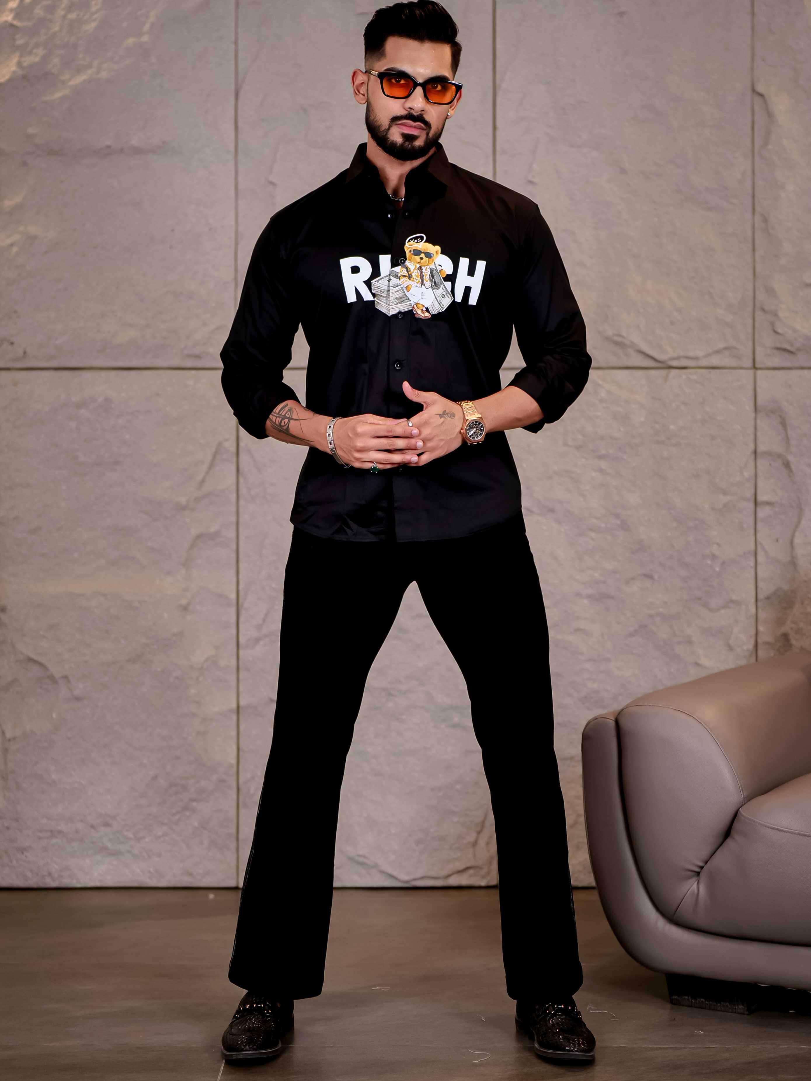 Black Club Wear Rich Printed Satin Cotton Shirt - Image 9