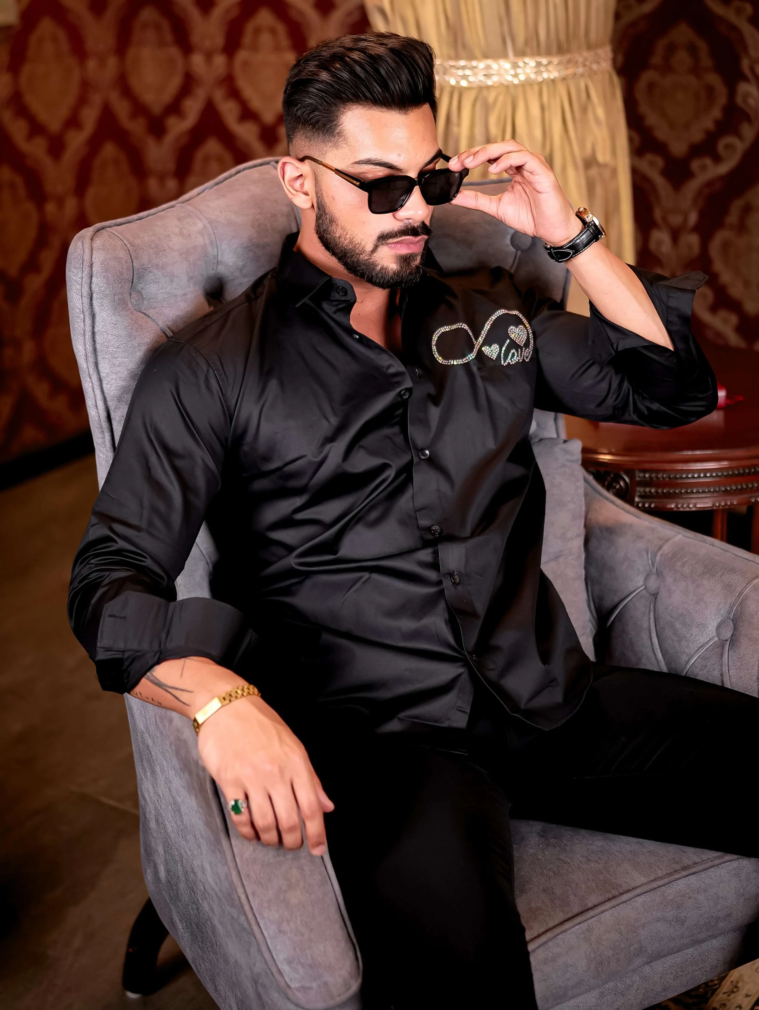 BLACK STARRY BEADED SATIN COTTON PREMIUM PARTY SHIRT - Image 3