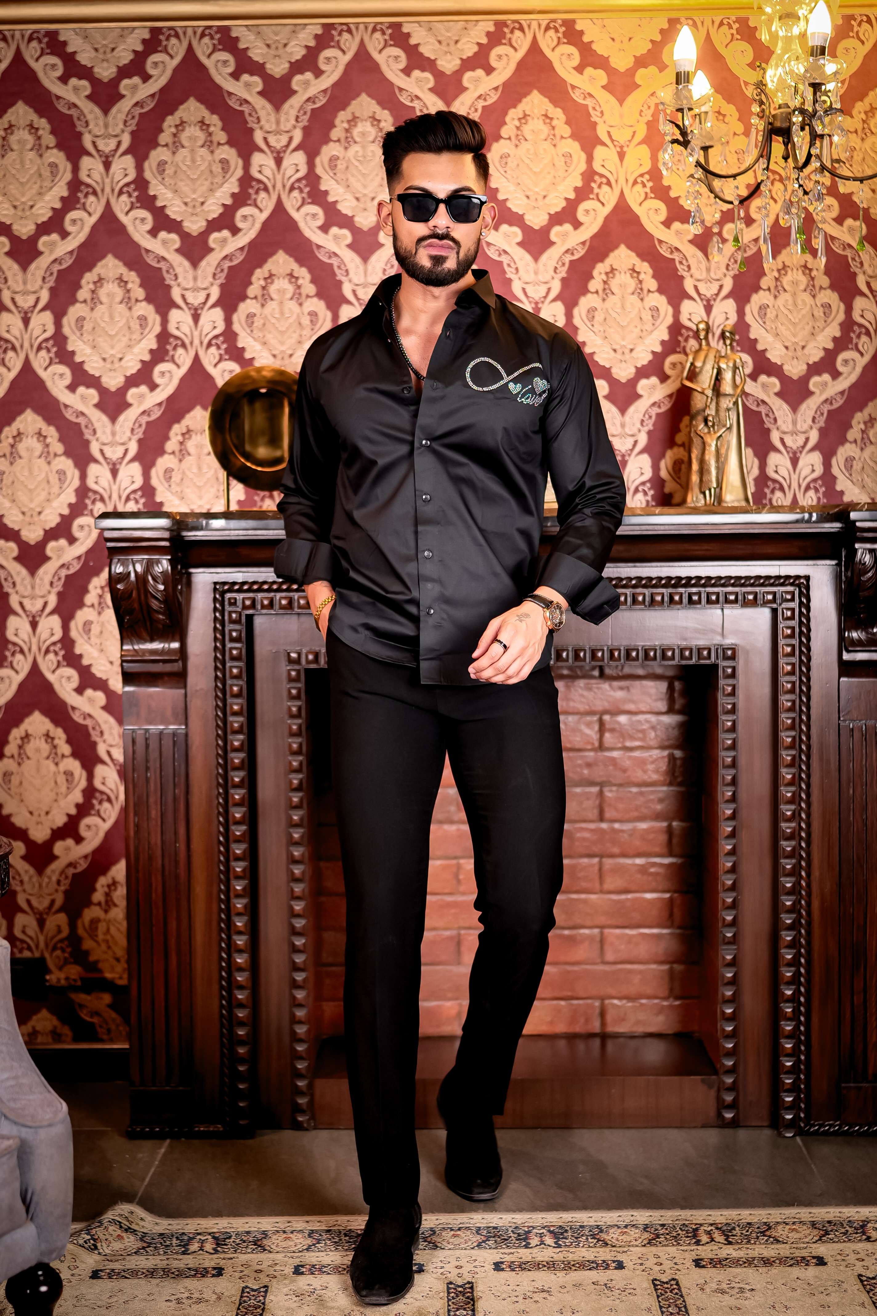BLACK STARRY BEADED SATIN COTTON PREMIUM PARTY SHIRT - Image 4