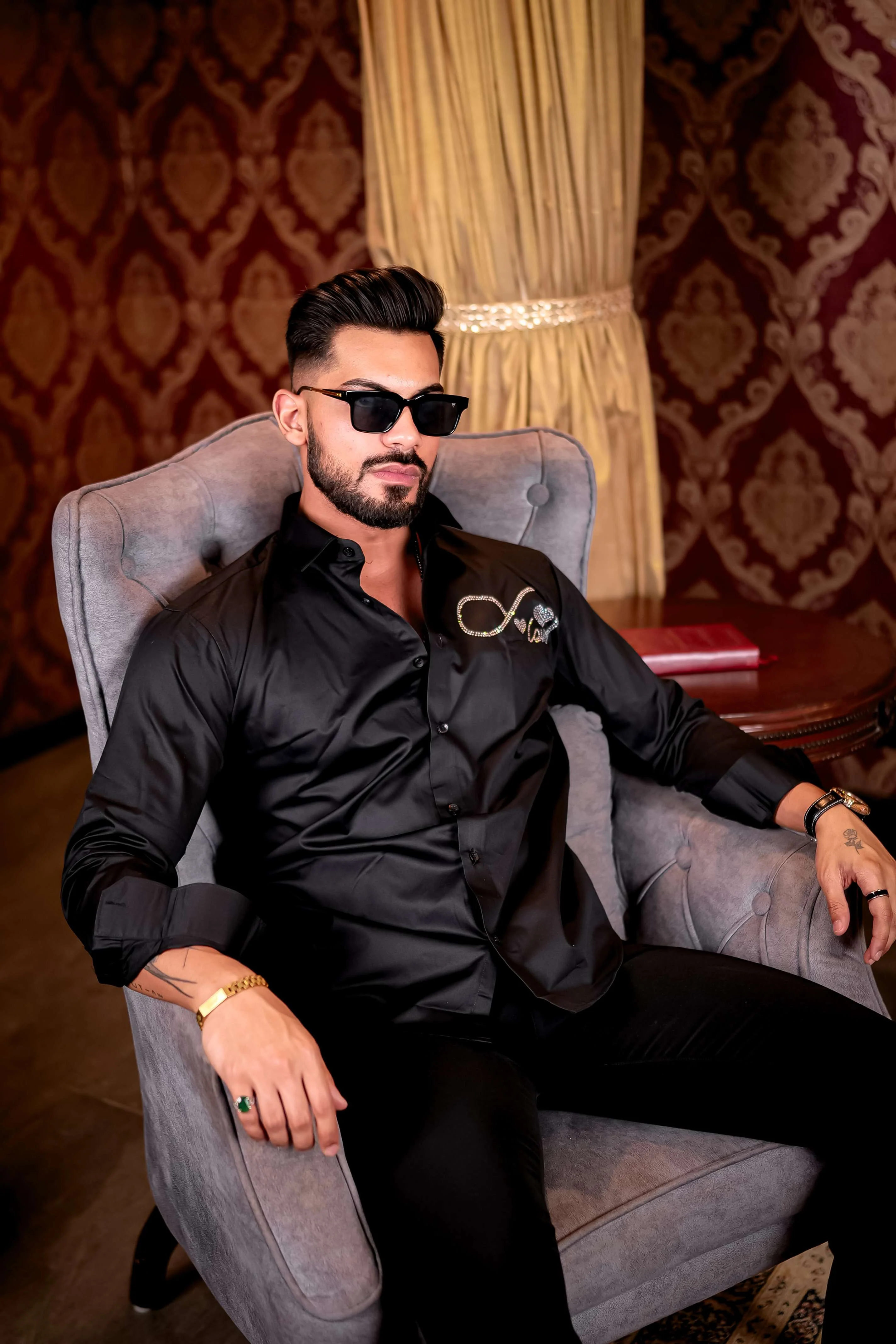 BLACK STARRY BEADED SATIN COTTON PREMIUM PARTY SHIRT - Image 6