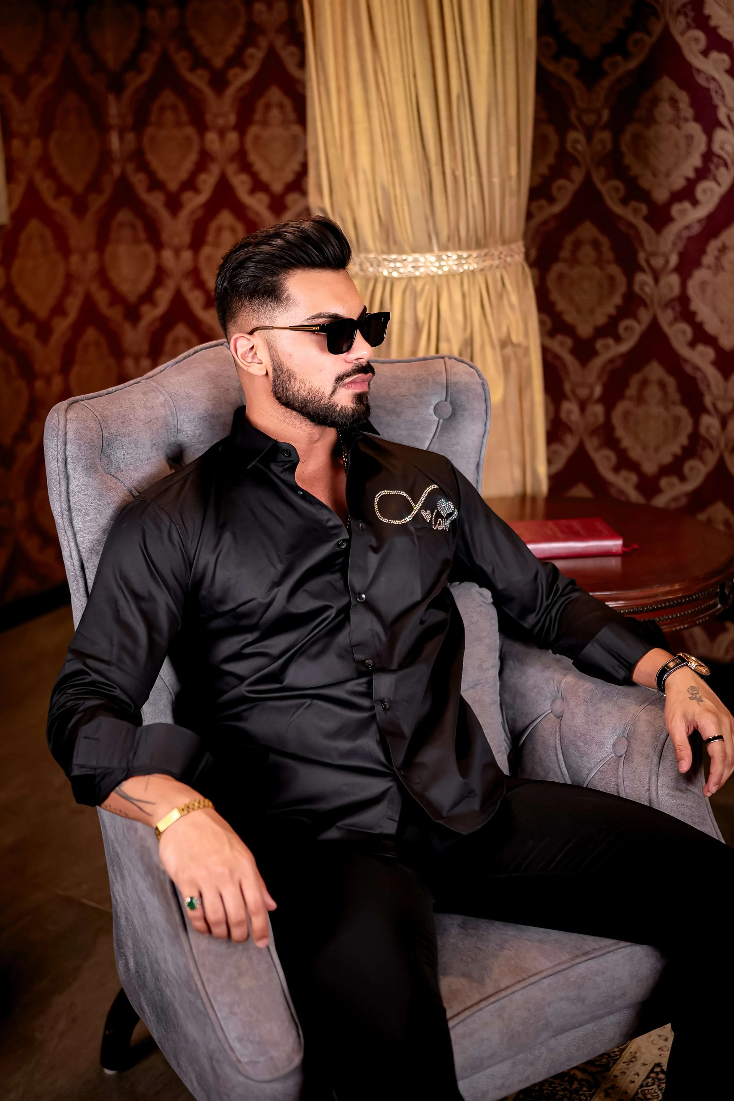 BLACK STARRY BEADED SATIN COTTON PREMIUM PARTY SHIRT - Image 7
