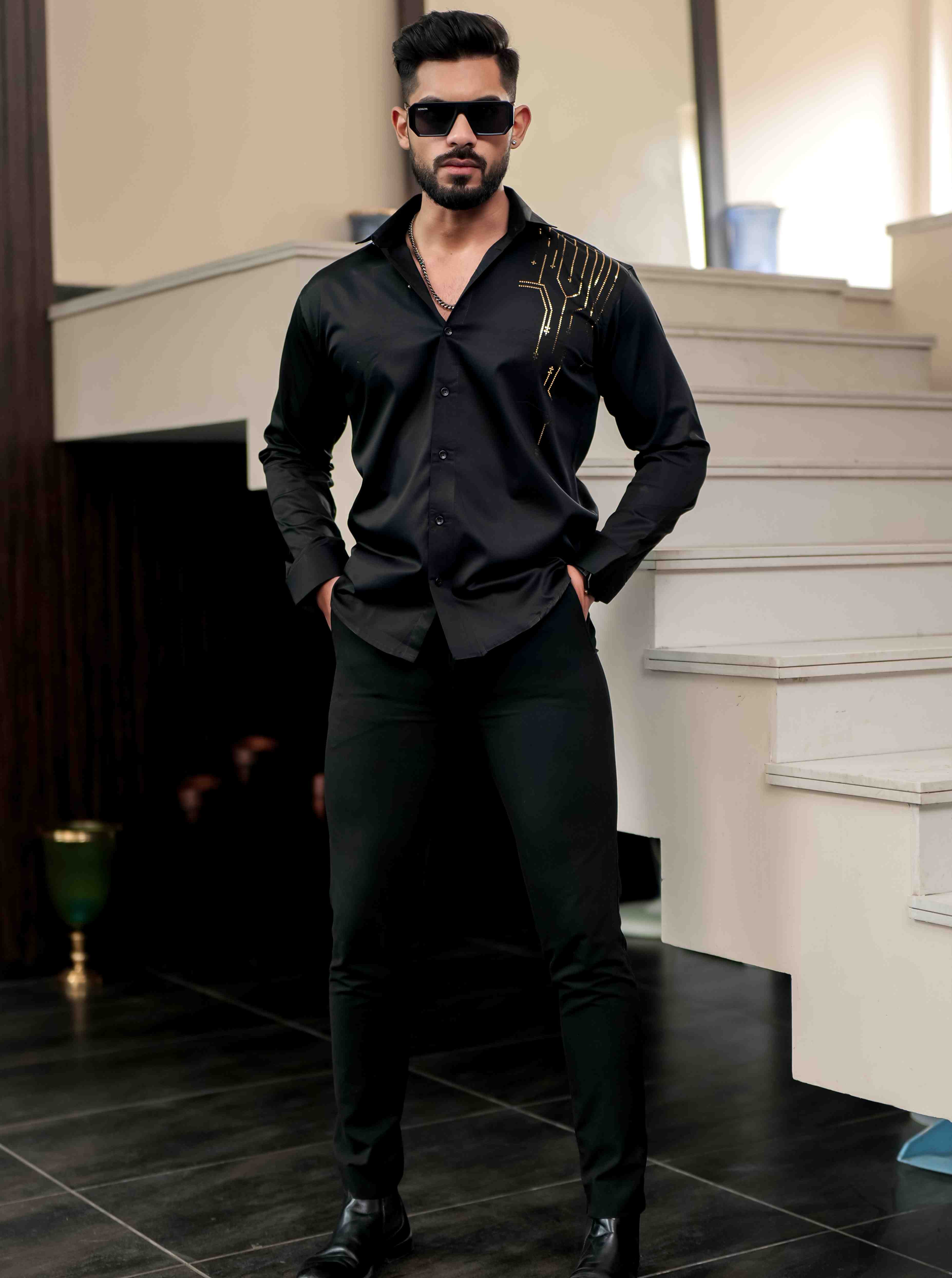Black Club Wear Satin Cotton Party Shirt - Image 3