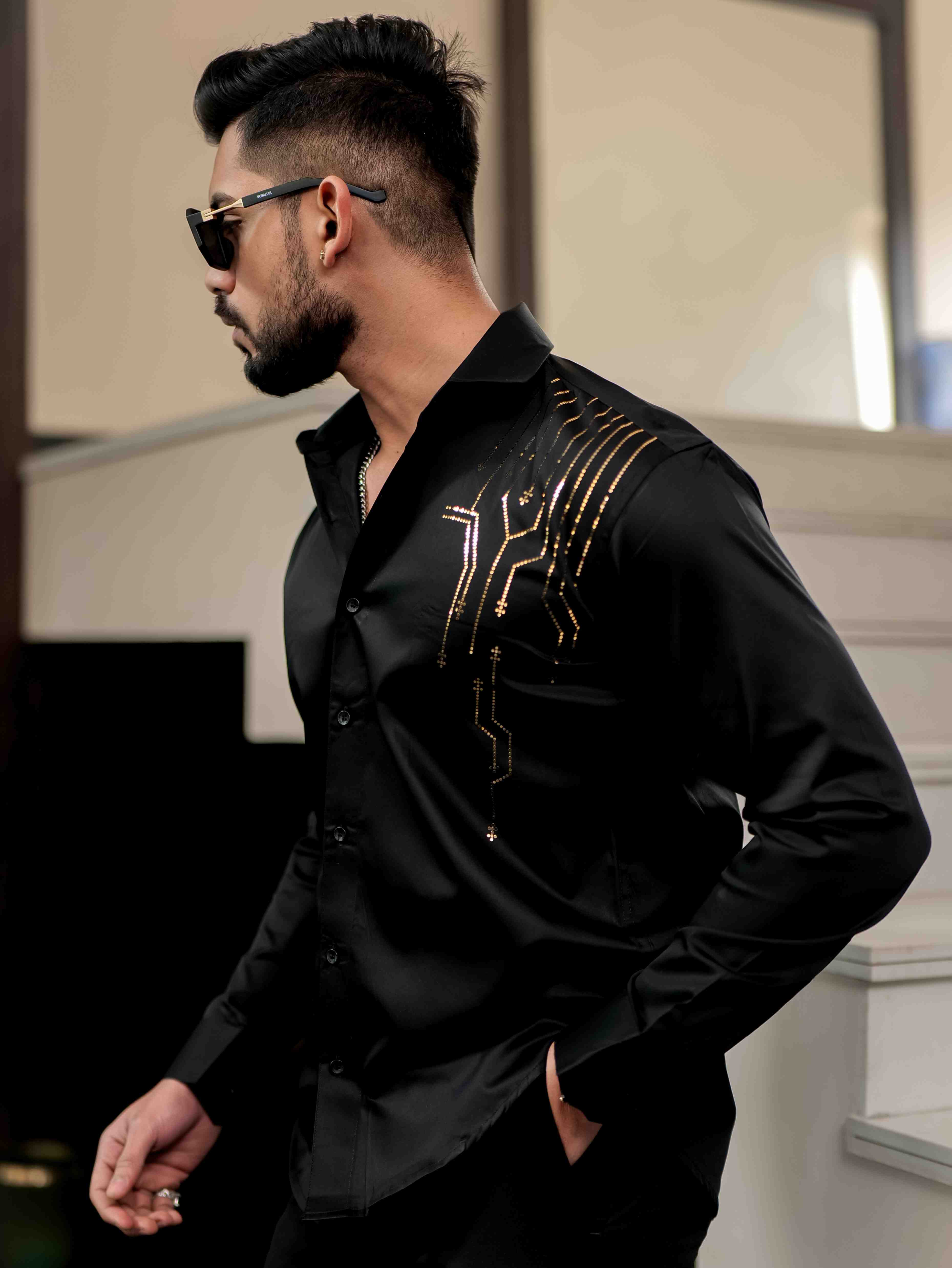 Black Club Wear Satin Cotton Party Shirt - Image 4