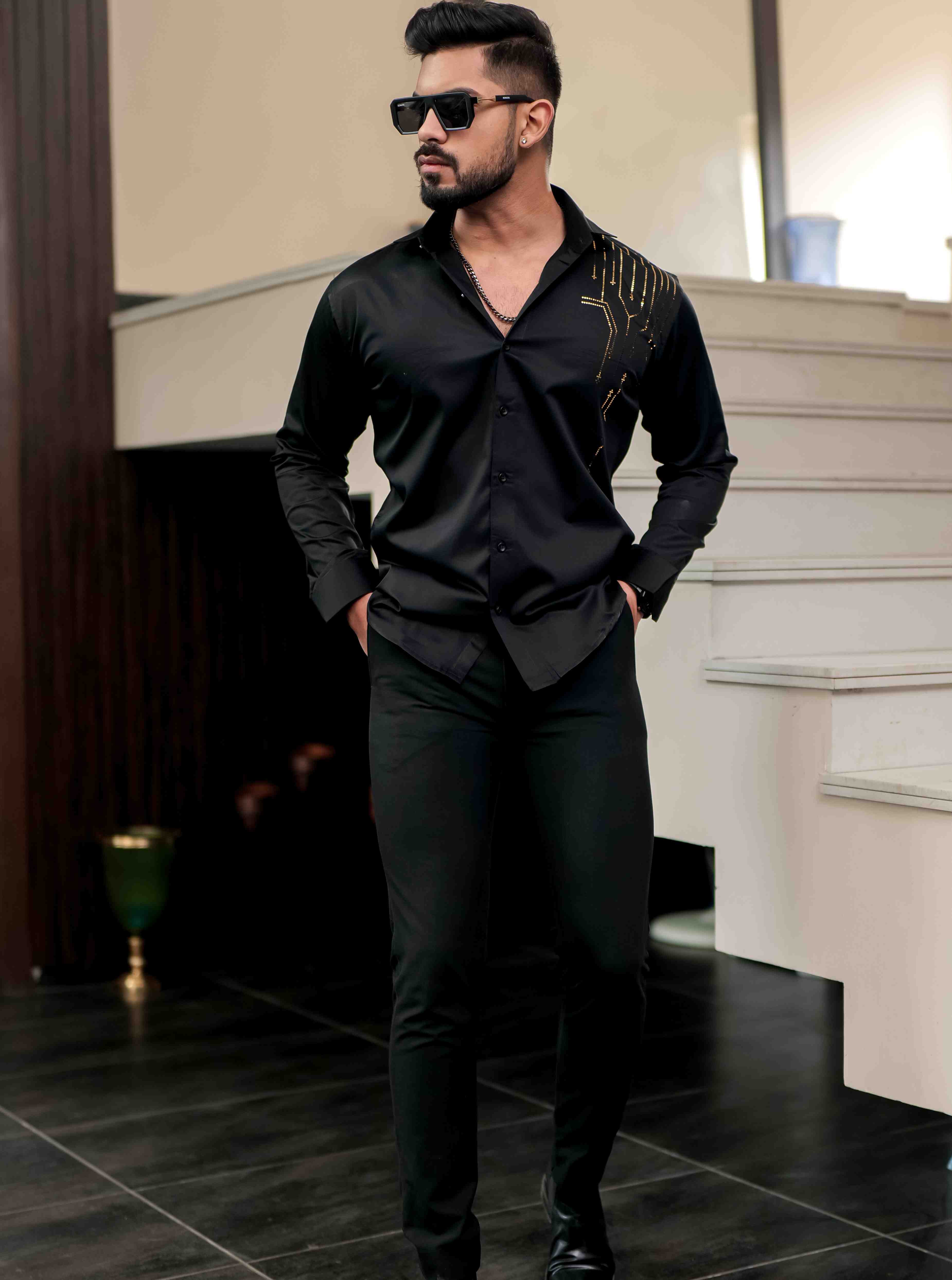 Black Club Wear Satin Cotton Party Shirt - Image 5