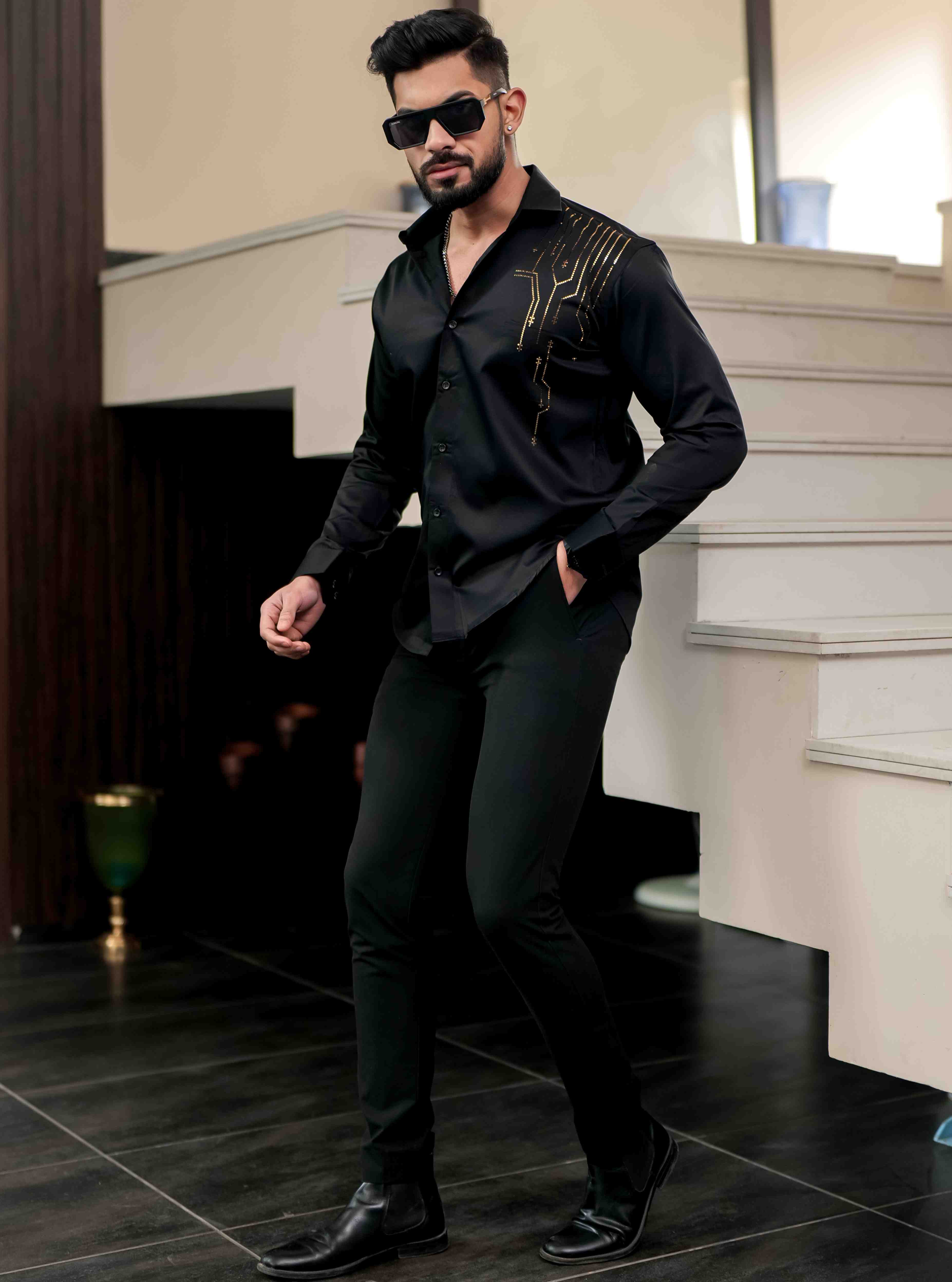 Black Club Wear Satin Cotton Party Shirt - Image 6
