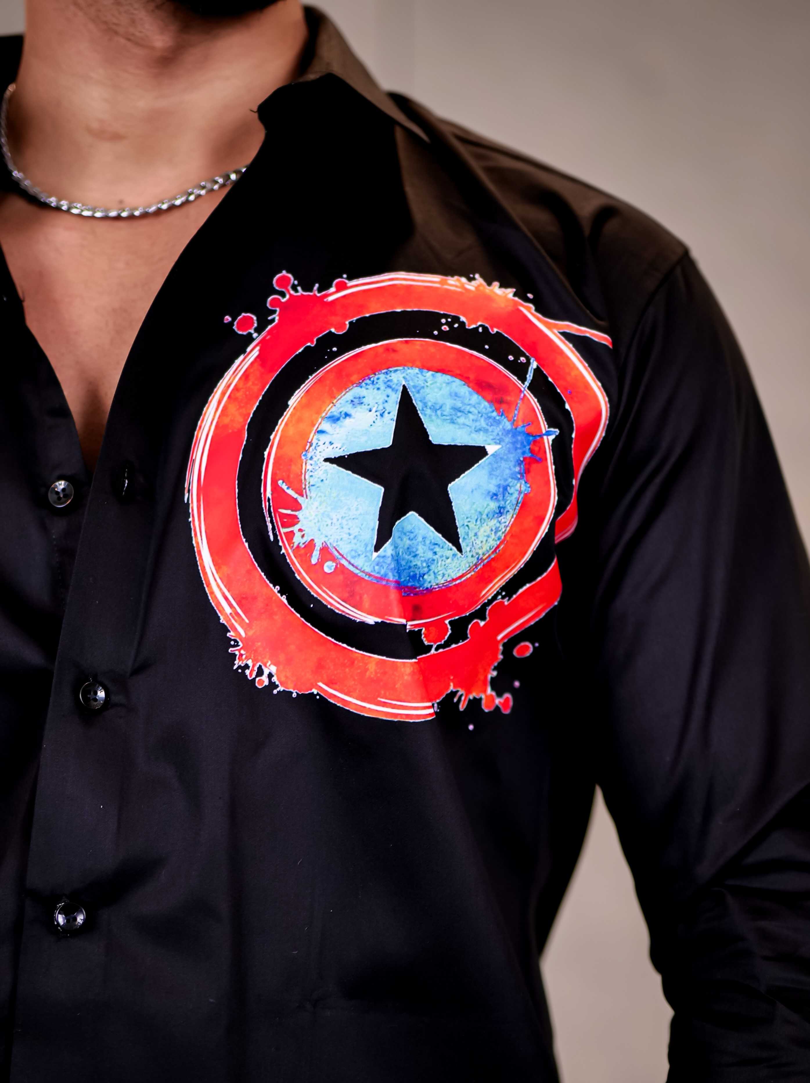 Black Club Wear Shield Printed Satin Cotton Shirt - Image 2