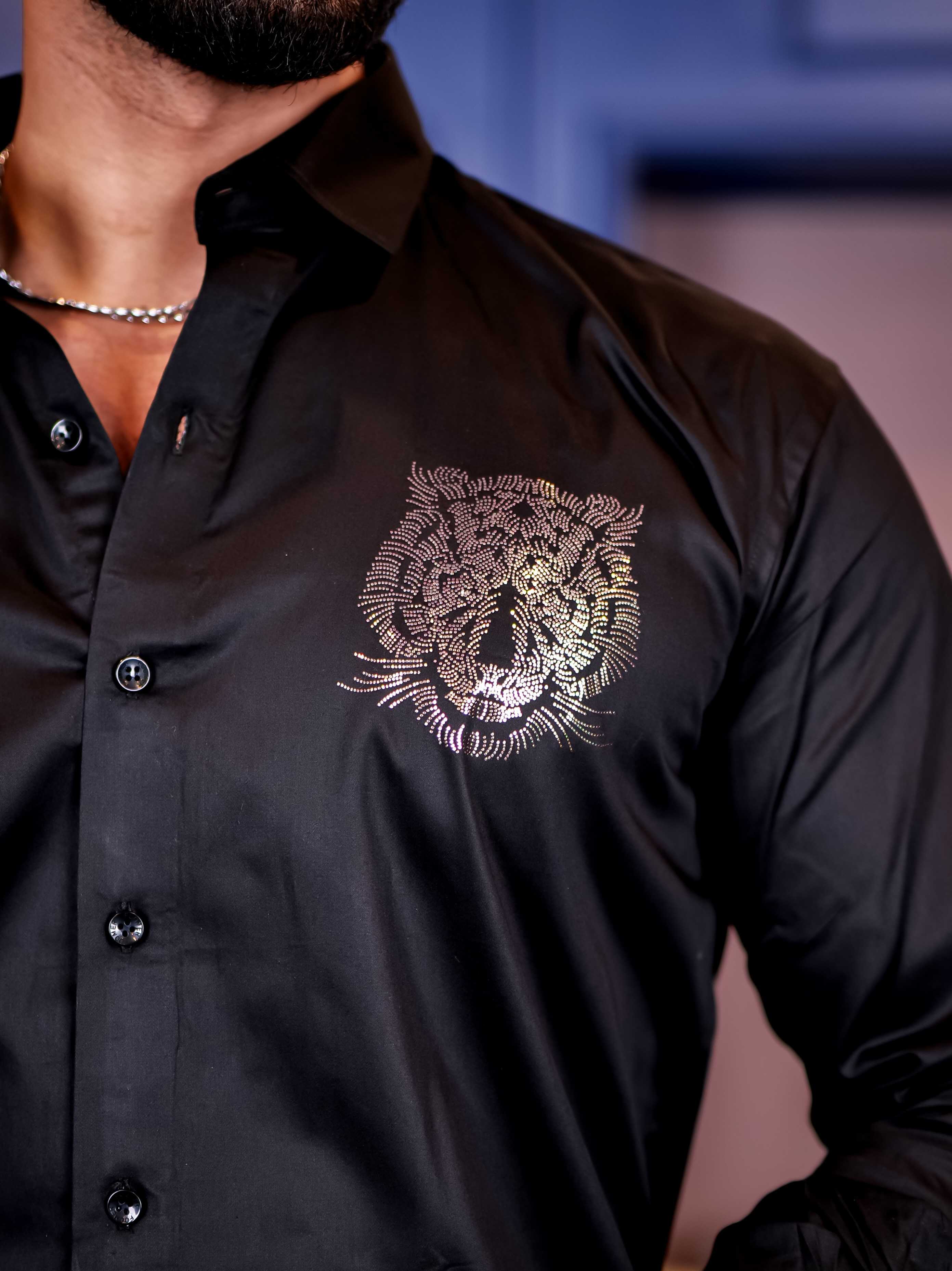 Black Club Wear Tiger Sequence Satin Cotton Party Shirt - Image 2