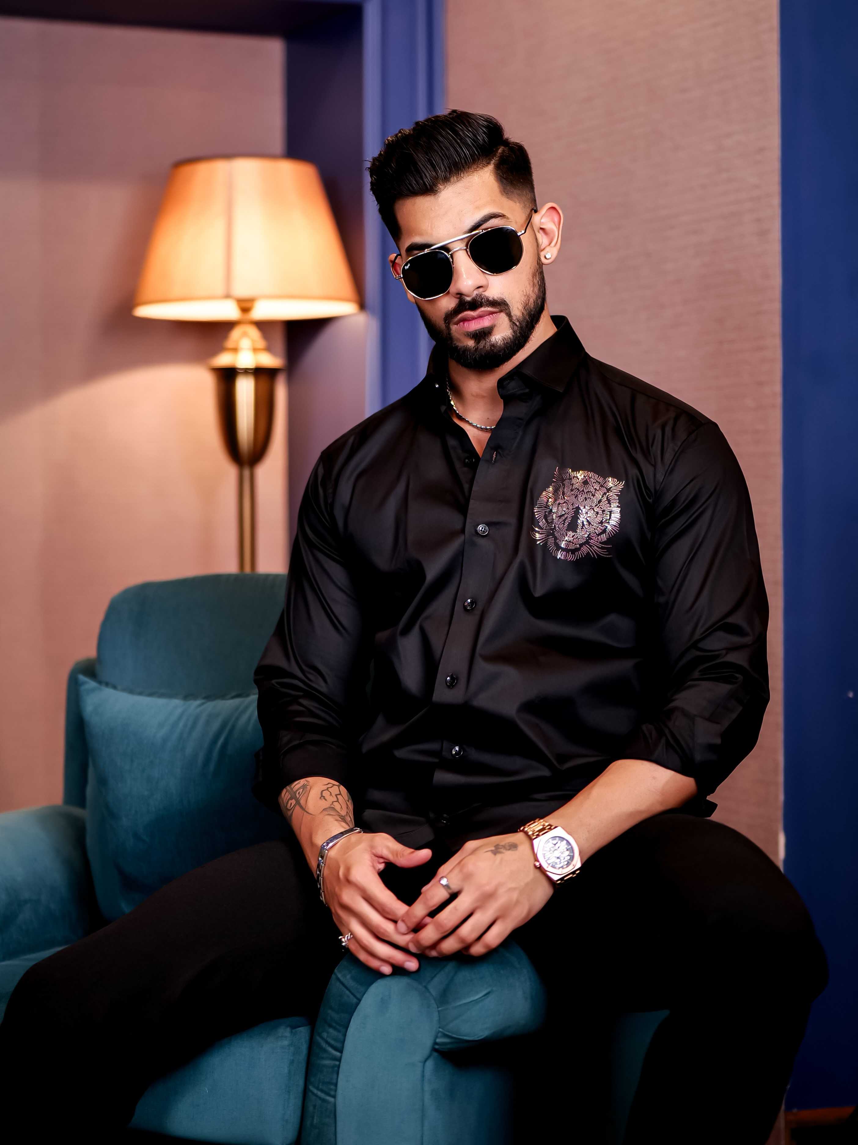 Black Club Wear Tiger Sequence Satin Cotton Party Shirt - Image 3
