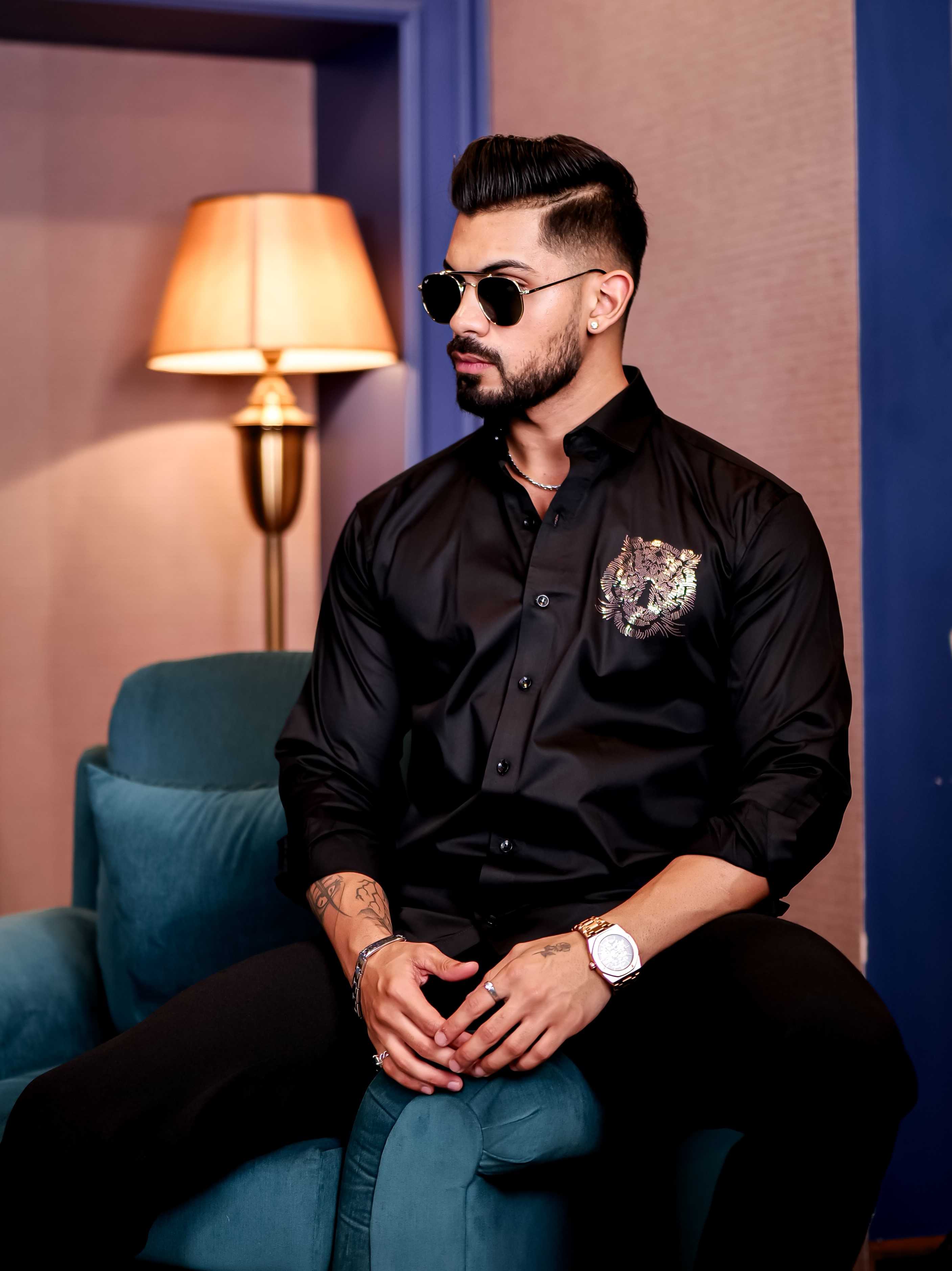 Black Club Wear Tiger Sequence Satin Cotton Party Shirt - Image 4