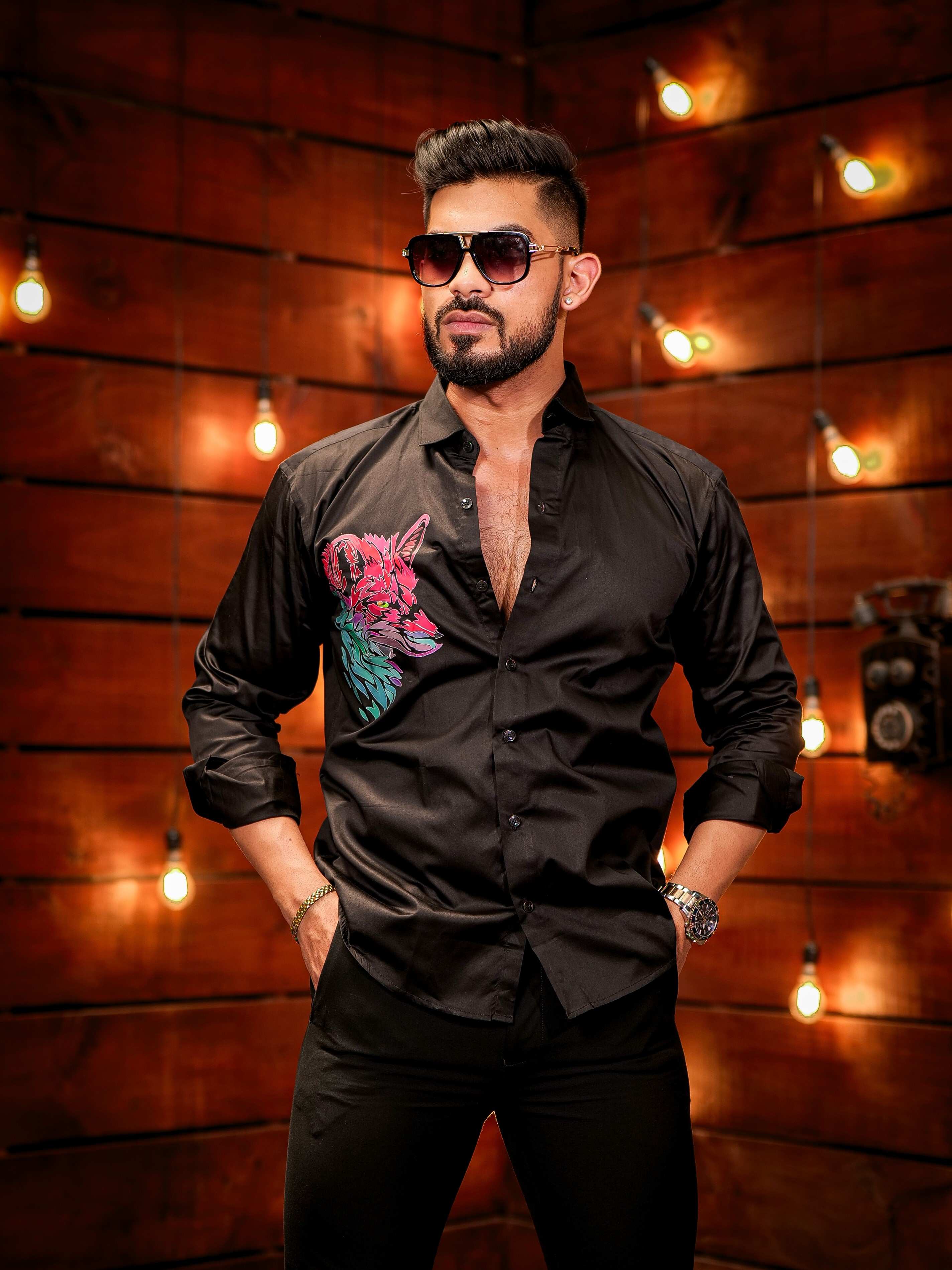 Black ClubWear Printed Satin Cotton Shirt - Image 5