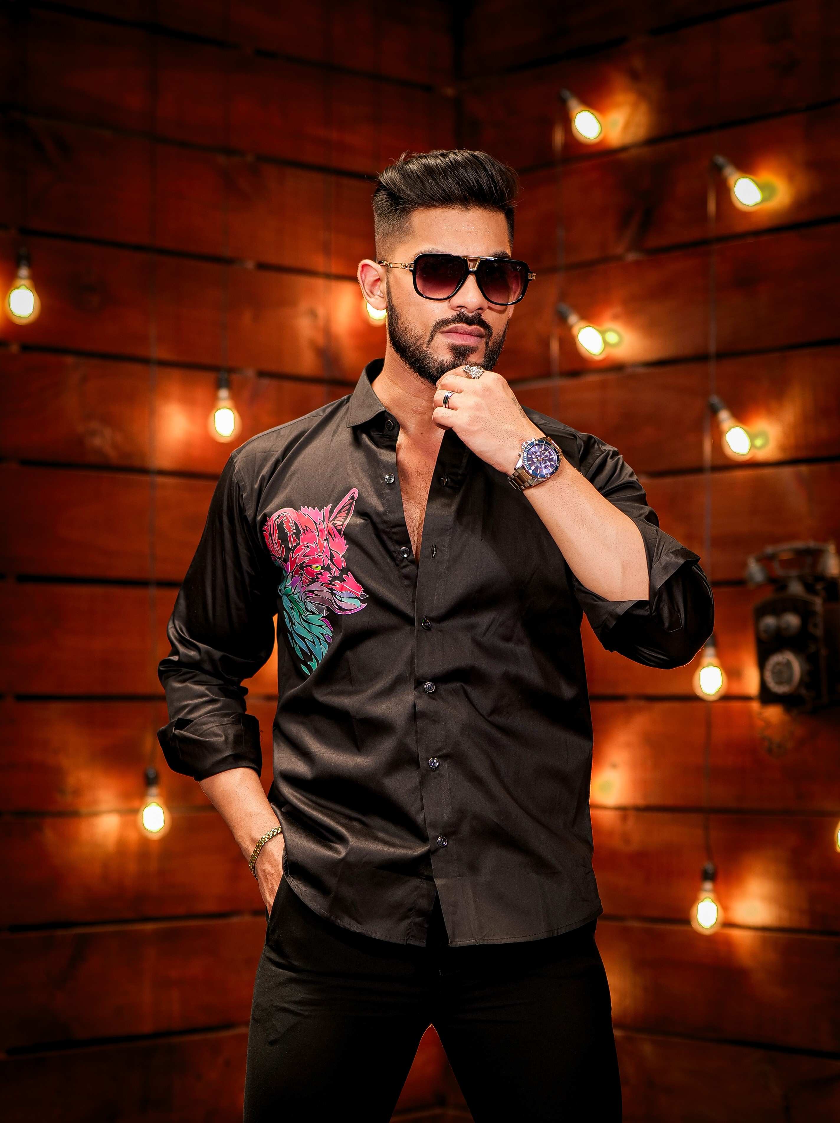 Black ClubWear Printed Satin Cotton Shirt - Image 7