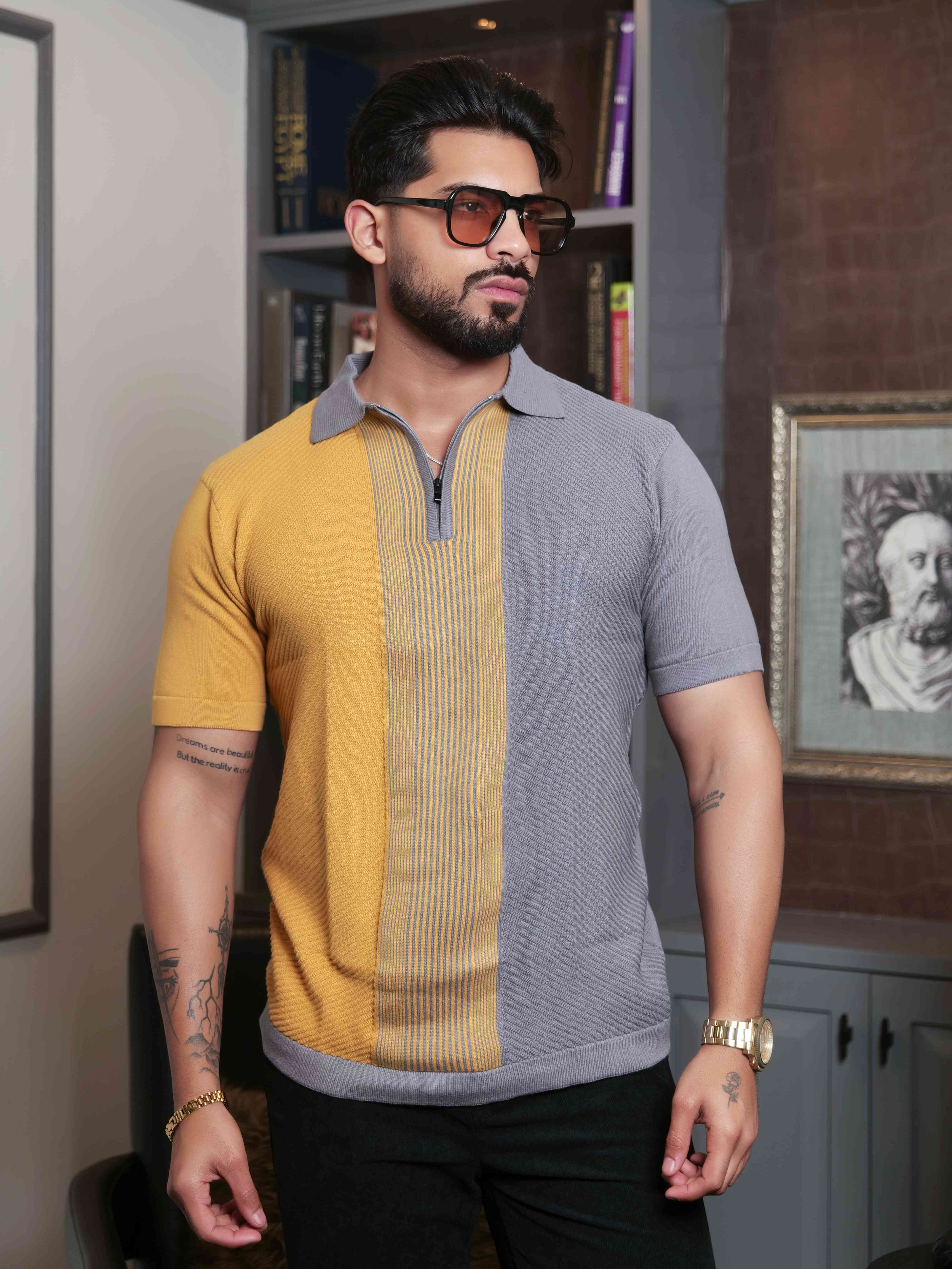 FOOMER YELLOW AND GREY HALF SLEEVE KNITED TSHIRT FOR MEN'S - Image 6
