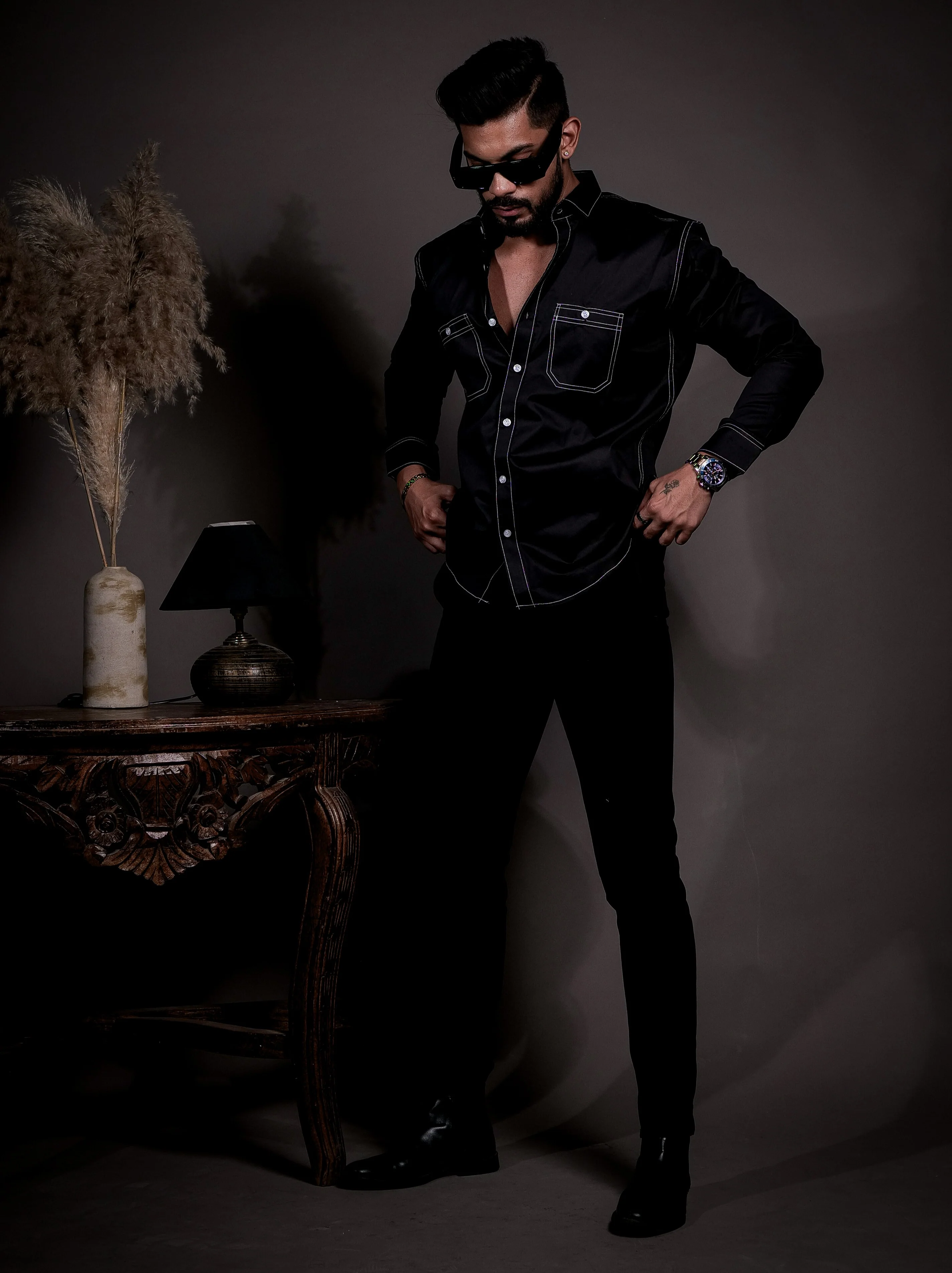 Black Designer Giza Satin Cotton Shirt - Image 3