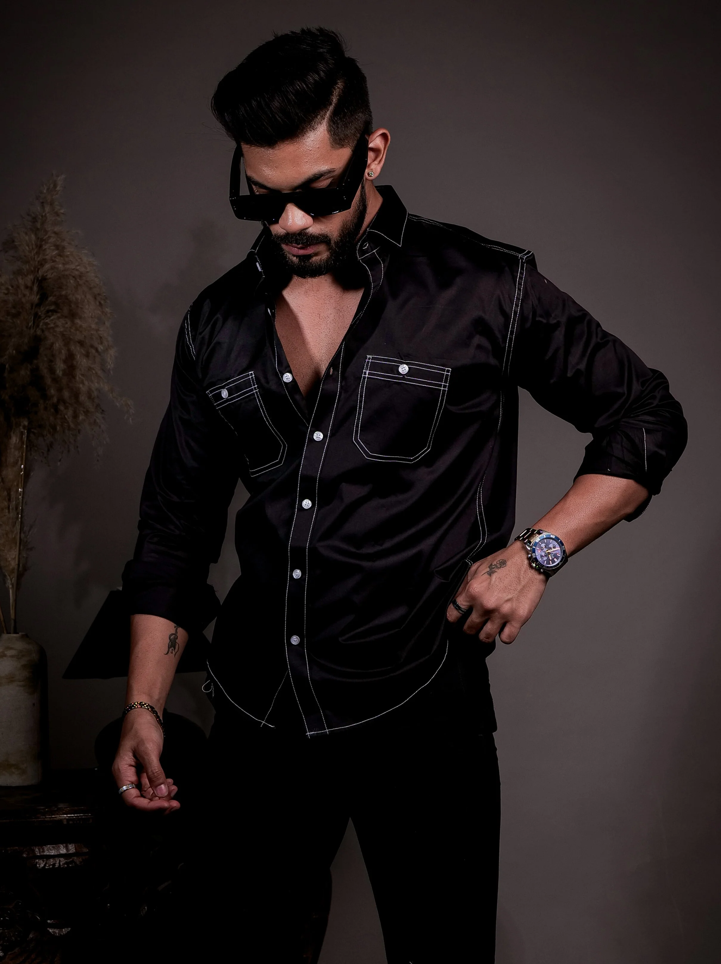 Black Designer Giza Satin Cotton Shirt - Image 4