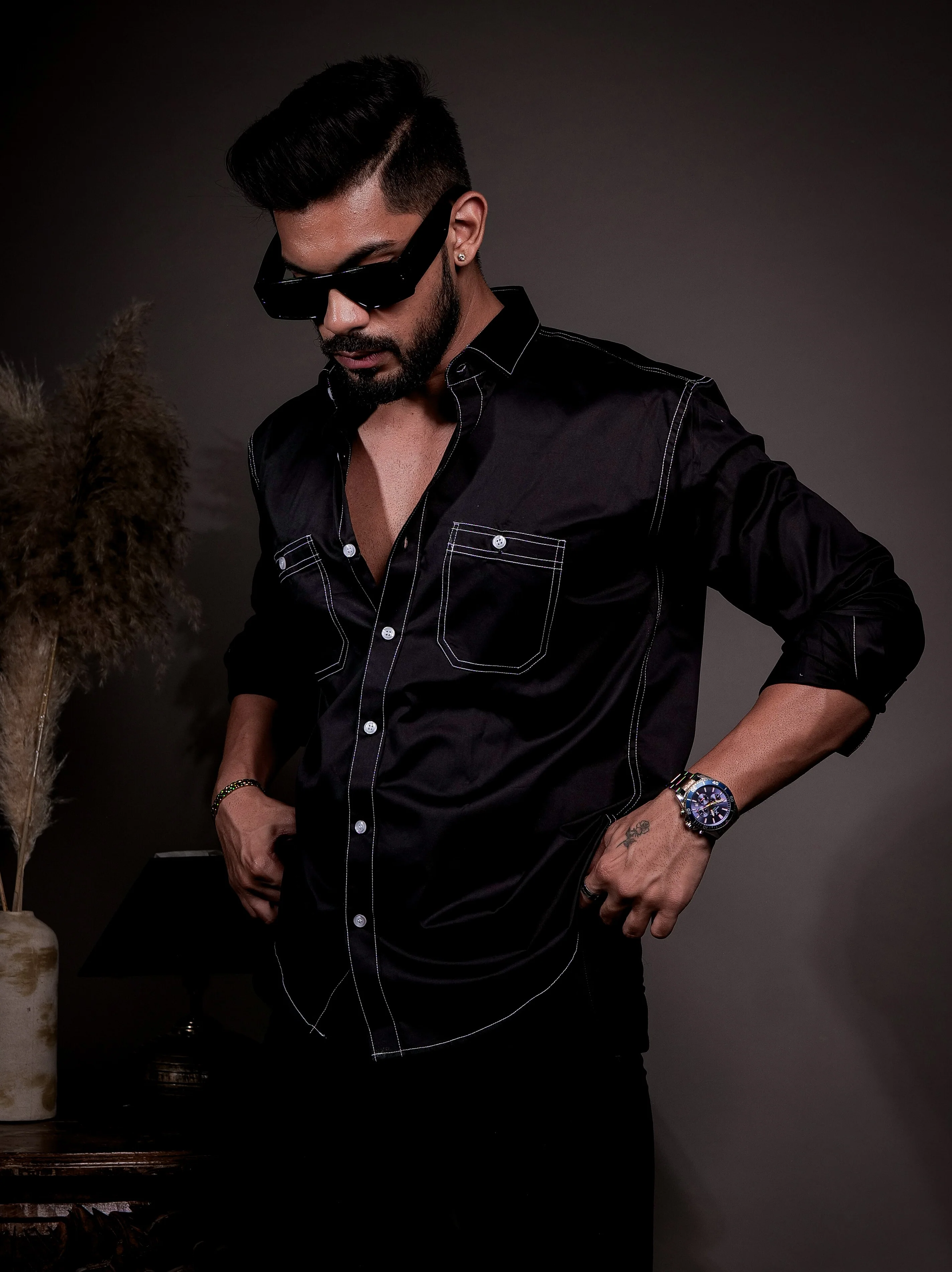 Black Designer Giza Satin Cotton Shirt - Image 6