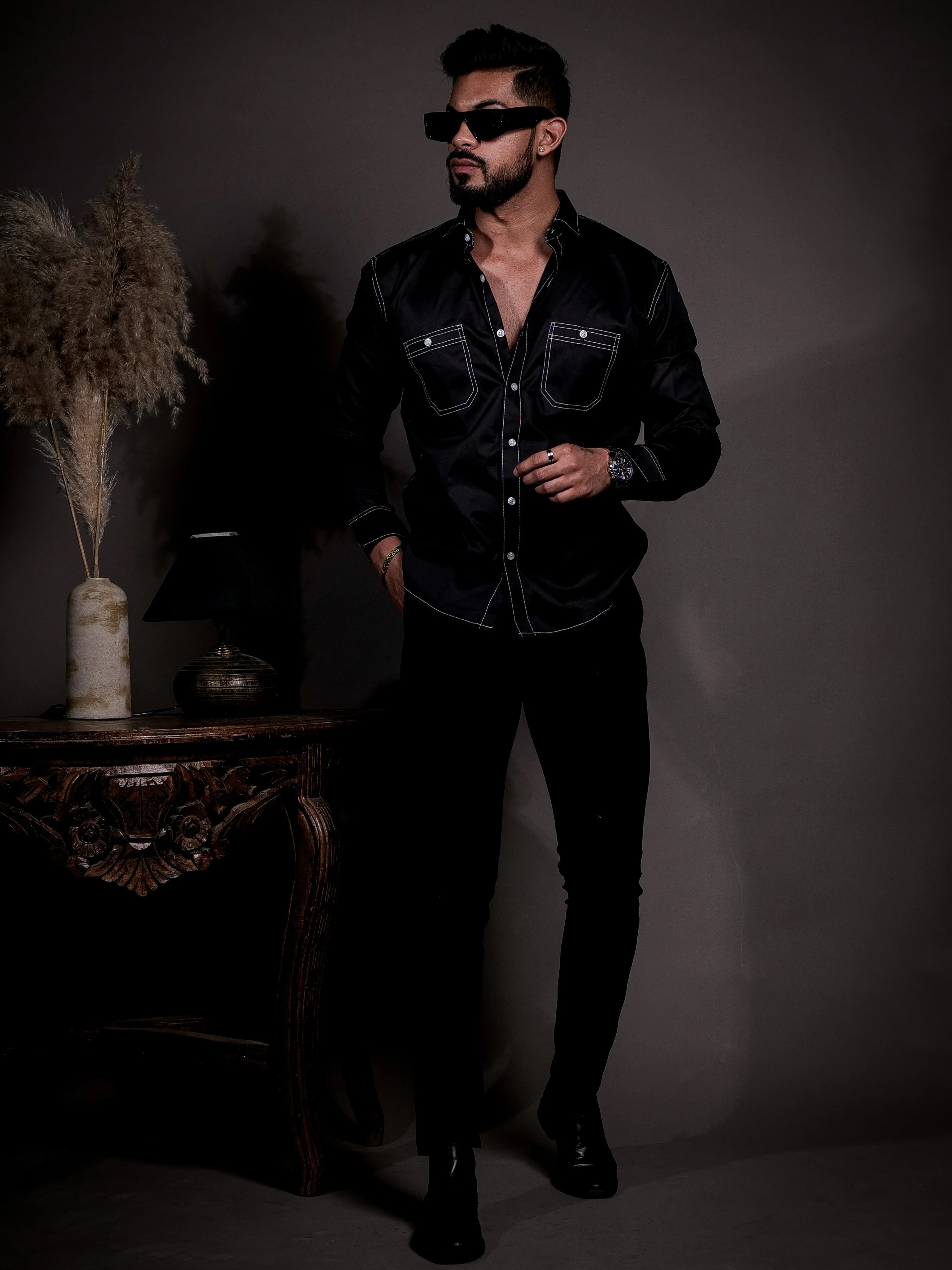 Black Designer Giza Satin Cotton Shirt - Image 8