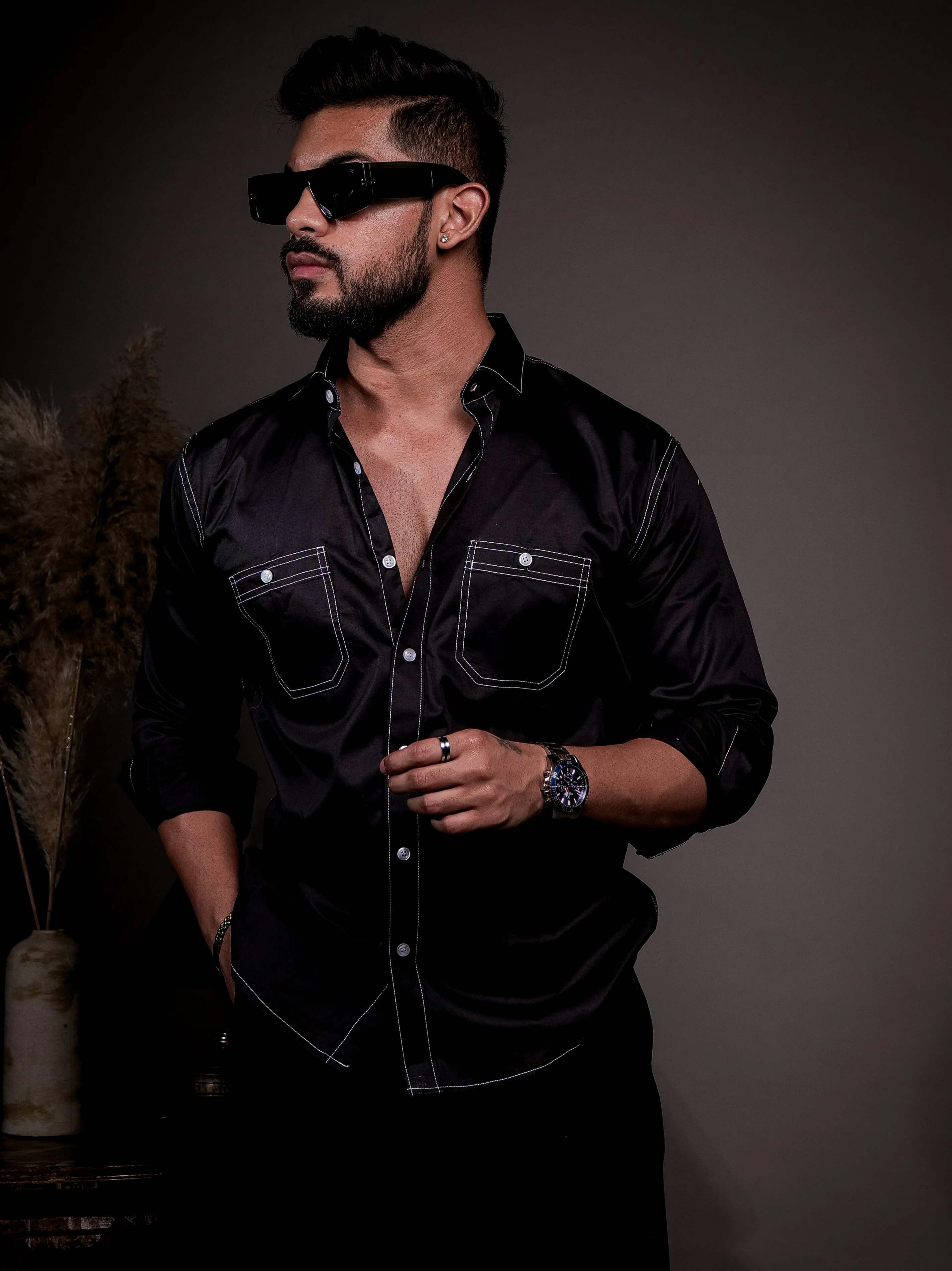 Black Designer Giza Satin Cotton Shirt - Image 9