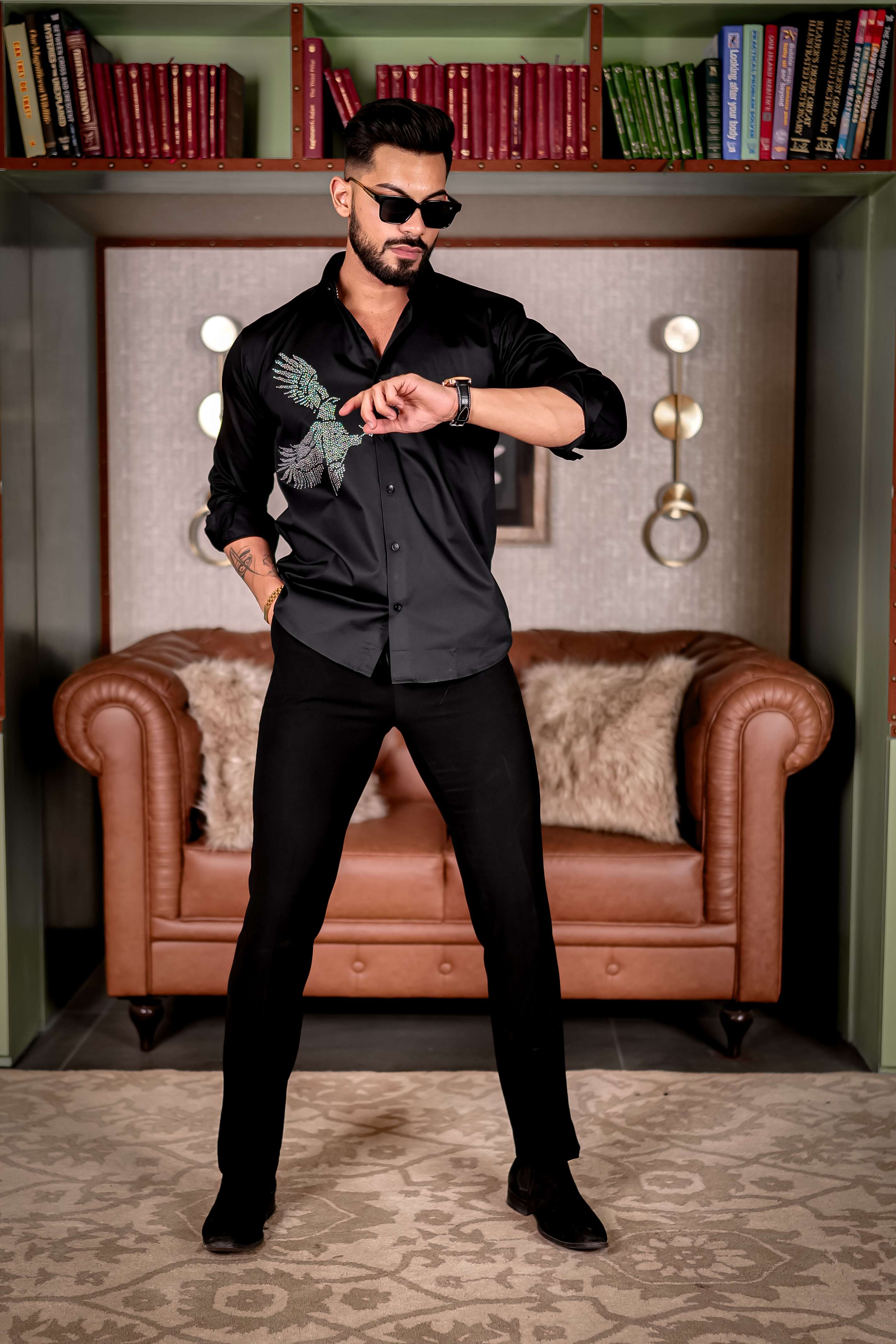 Black Eagle Club Wear Starry Beaded Satin Cotton Premium Party Shirt - Image 11
