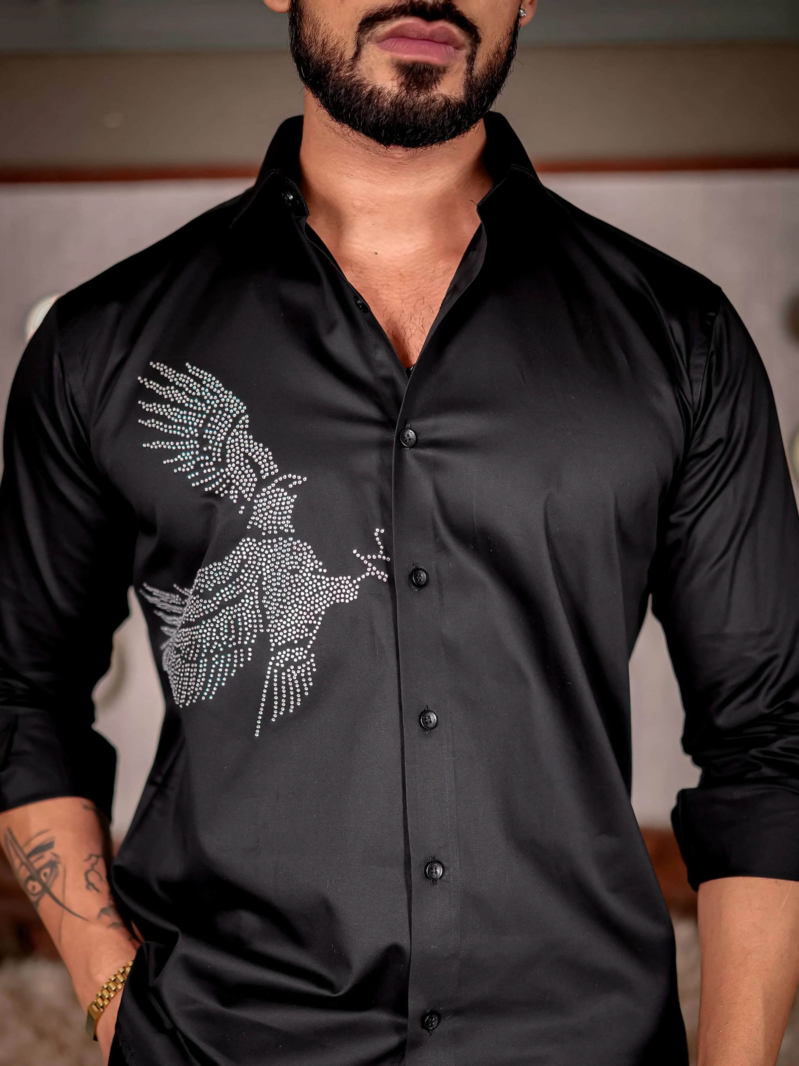 Black Eagle Club Wear Starry Beaded Satin Cotton Premium Party Shirt - Image 2