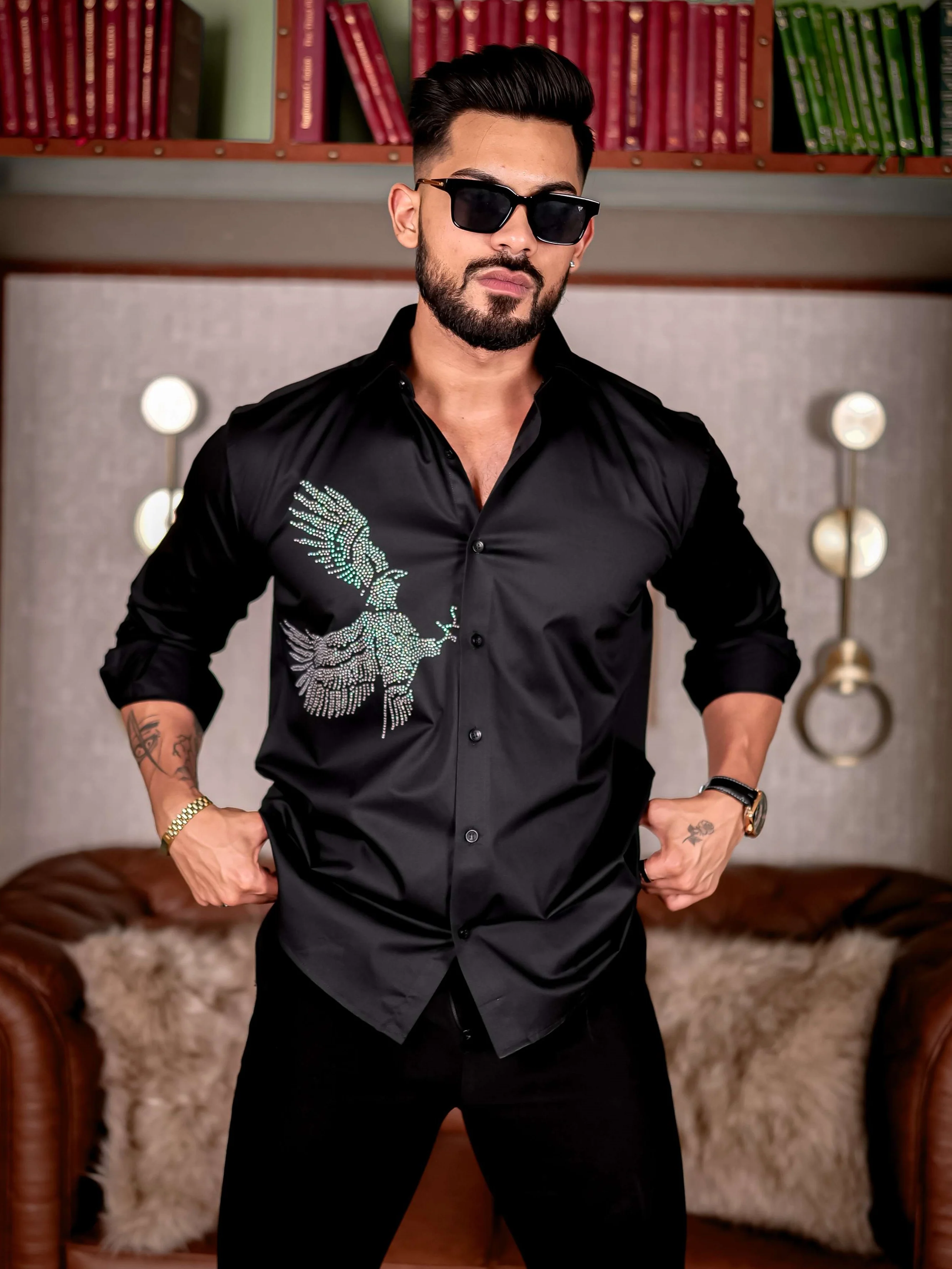 Black Eagle Club Wear Starry Beaded Satin Cotton Premium Party Shirt - Image 3