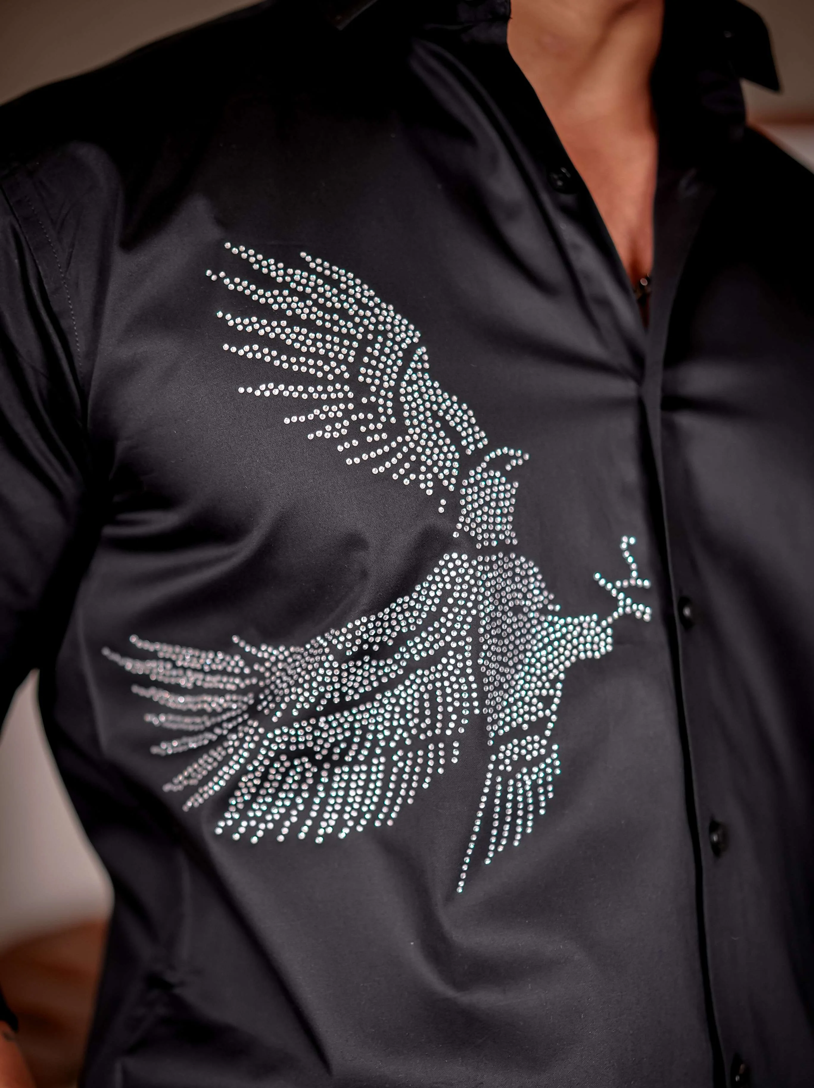 Black Eagle Club Wear Starry Beaded Satin Cotton Premium Party Shirt - Image 4