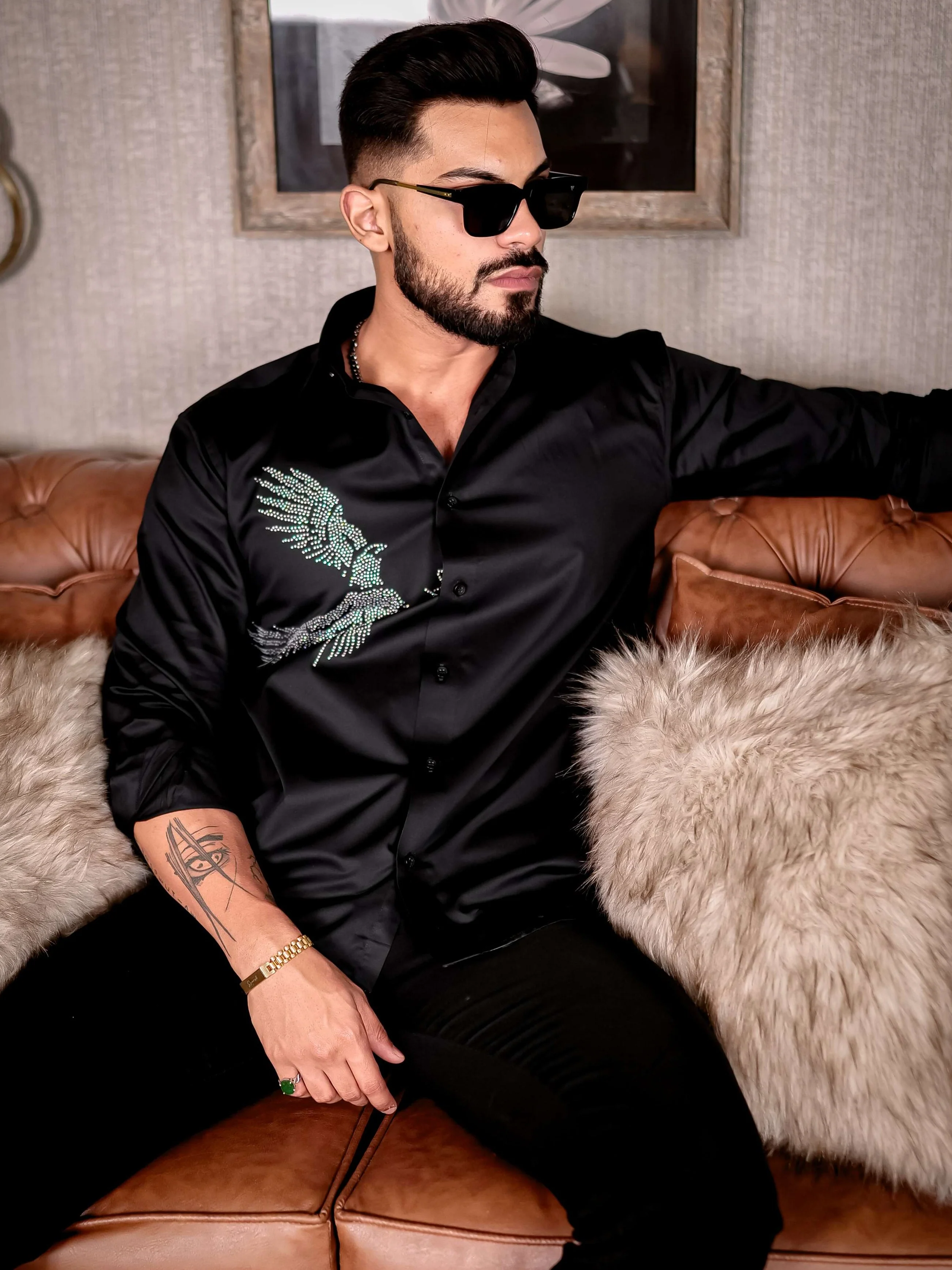 Black Eagle Club Wear Starry Beaded Satin Cotton Premium Party Shirt - Image 5