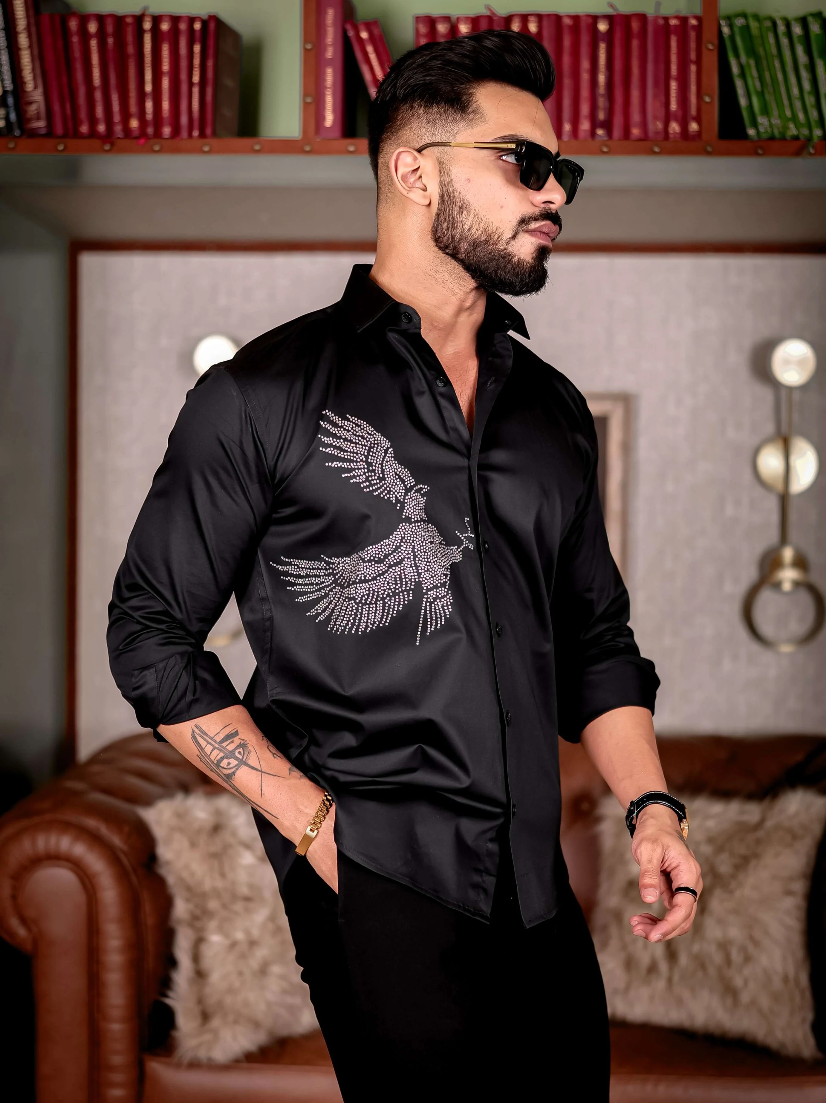 Black Eagle Club Wear Starry Beaded Satin Cotton Premium Party Shirt - Image 6