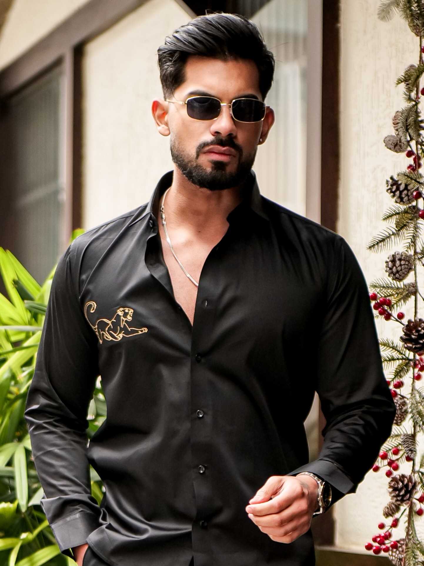 BLACK EMBROIDERED DESIGNER SATIN COTTON SHIRT FOR MEN'S