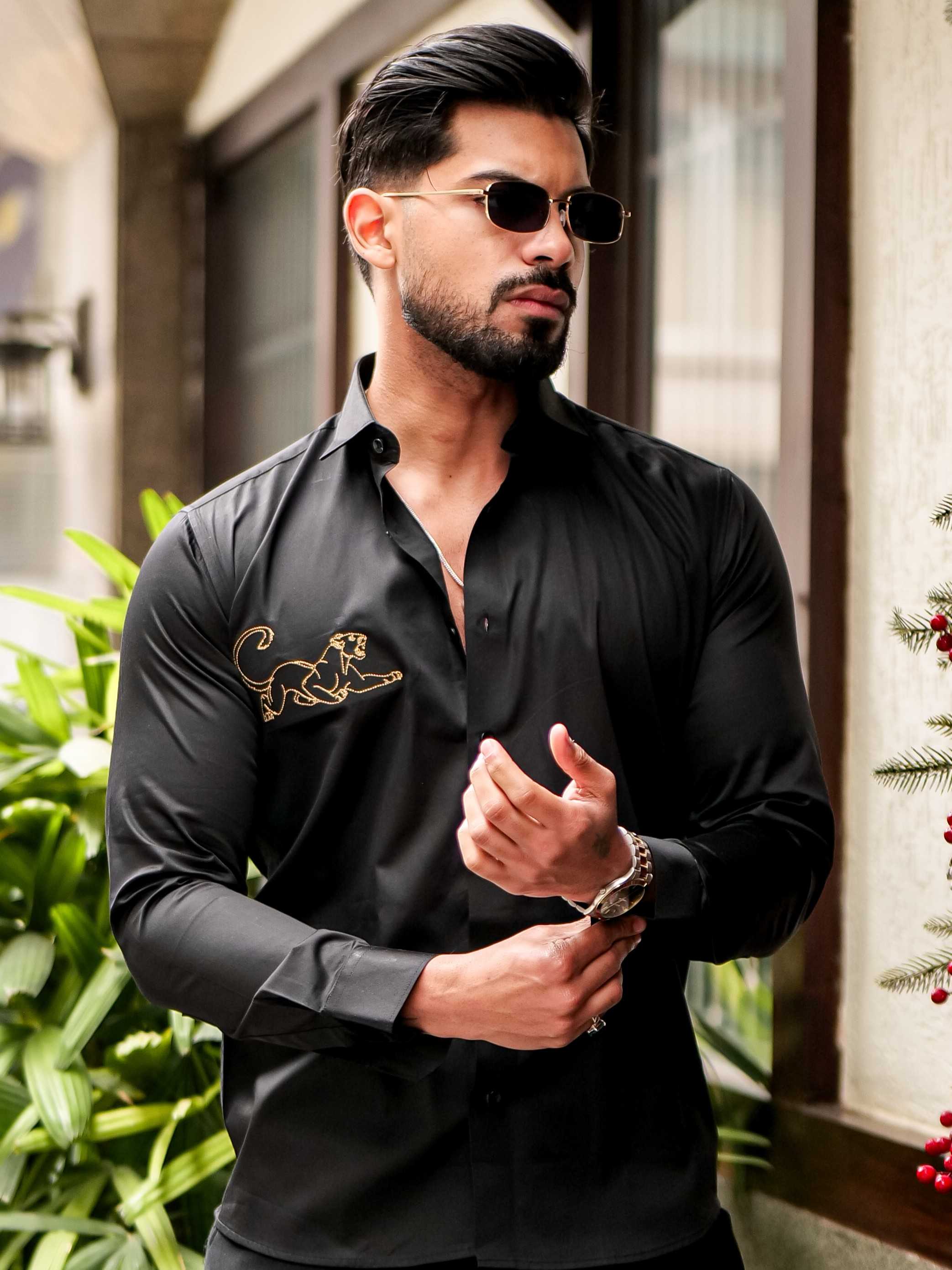 BLACK EMBROIDERED DESIGNER SATIN COTTON SHIRT FOR MEN'S - Image 4