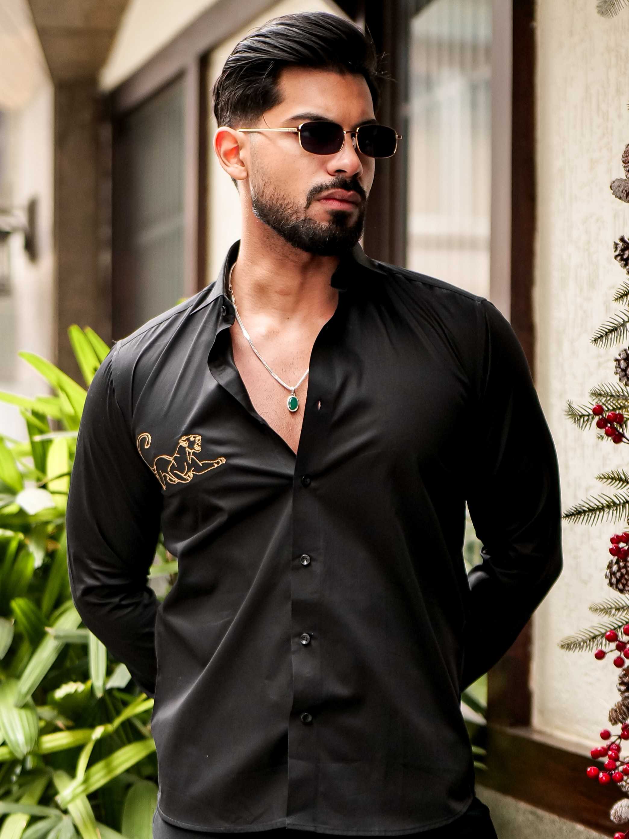 BLACK EMBROIDERED DESIGNER SATIN COTTON SHIRT FOR MEN'S - Image 5