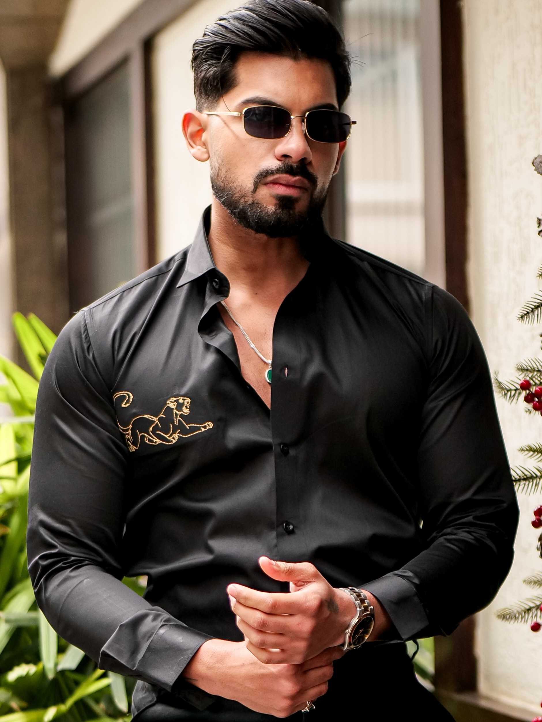 BLACK EMBROIDERED DESIGNER SATIN COTTON SHIRT FOR MEN'S - Image 6