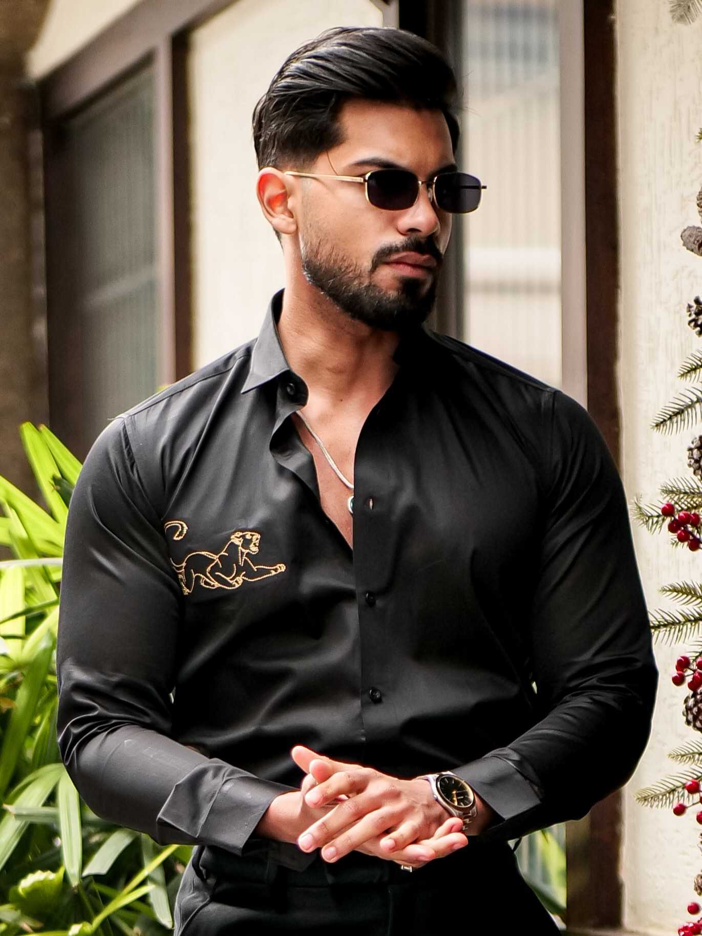 BLACK EMBROIDERED DESIGNER SATIN COTTON SHIRT FOR MEN'S - Image 7