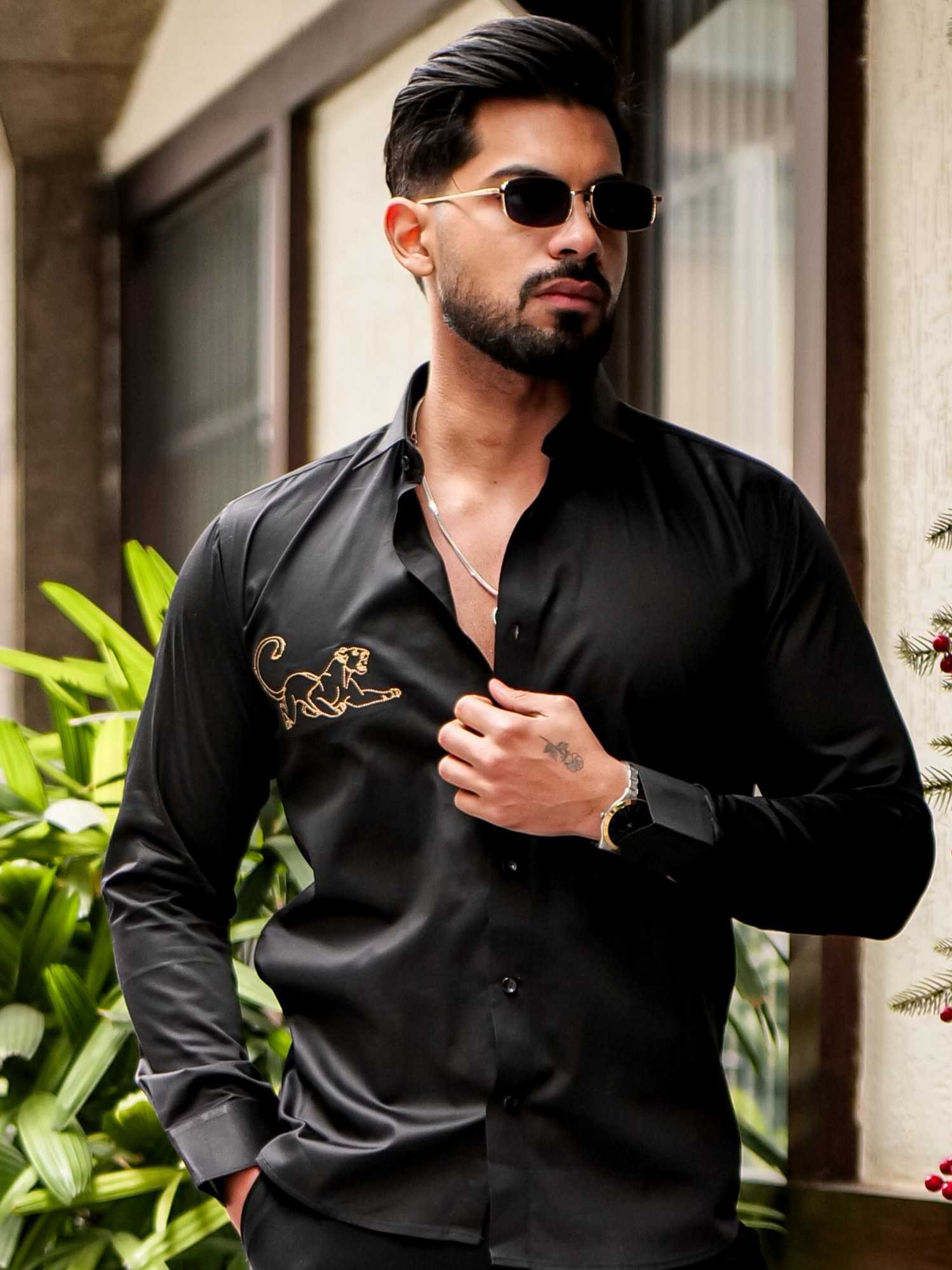 BLACK EMBROIDERED DESIGNER SATIN COTTON SHIRT FOR MEN'S - Image 8