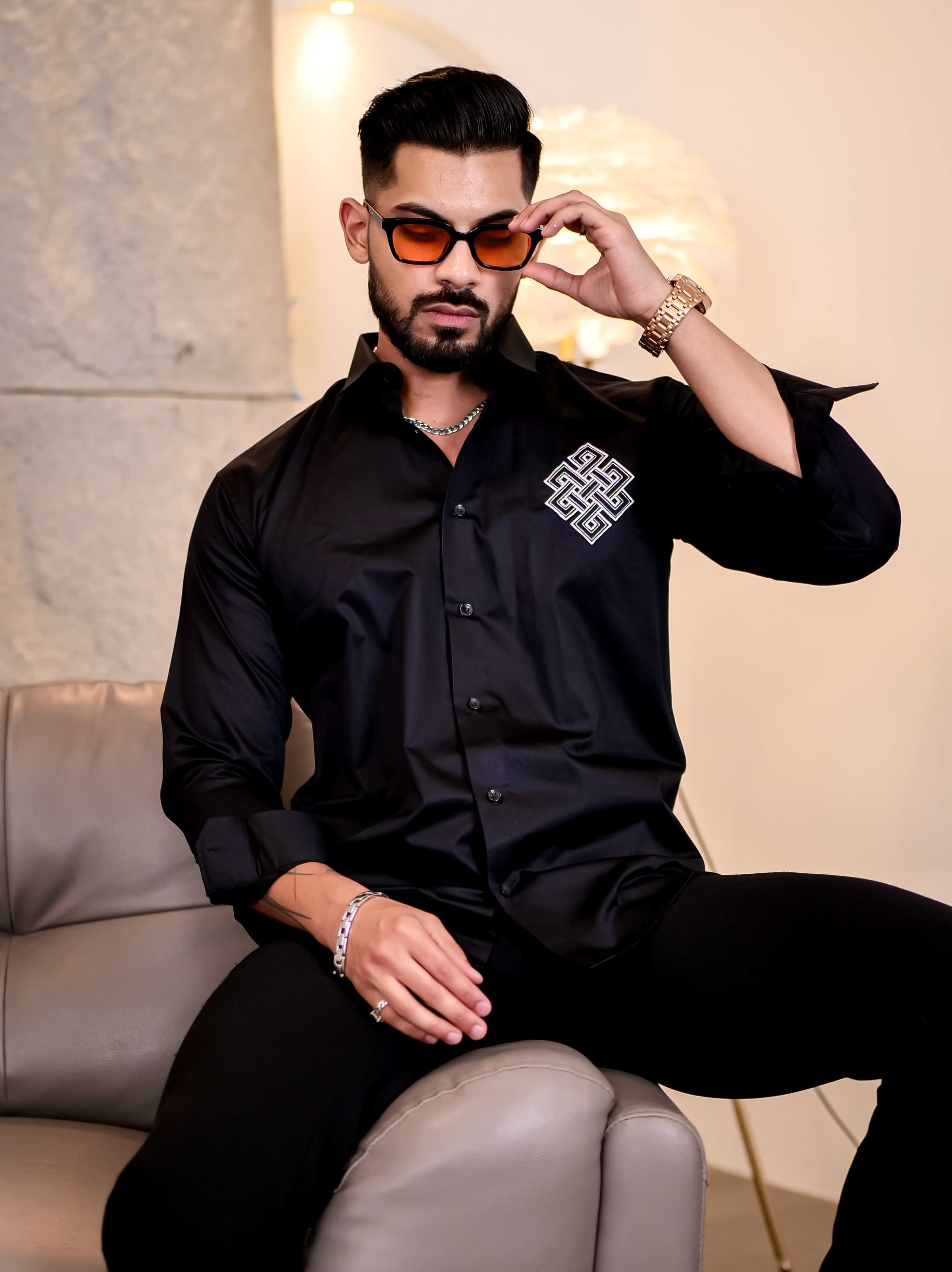Black Embroidered Premium Cotton Shirt For Men - Image 3