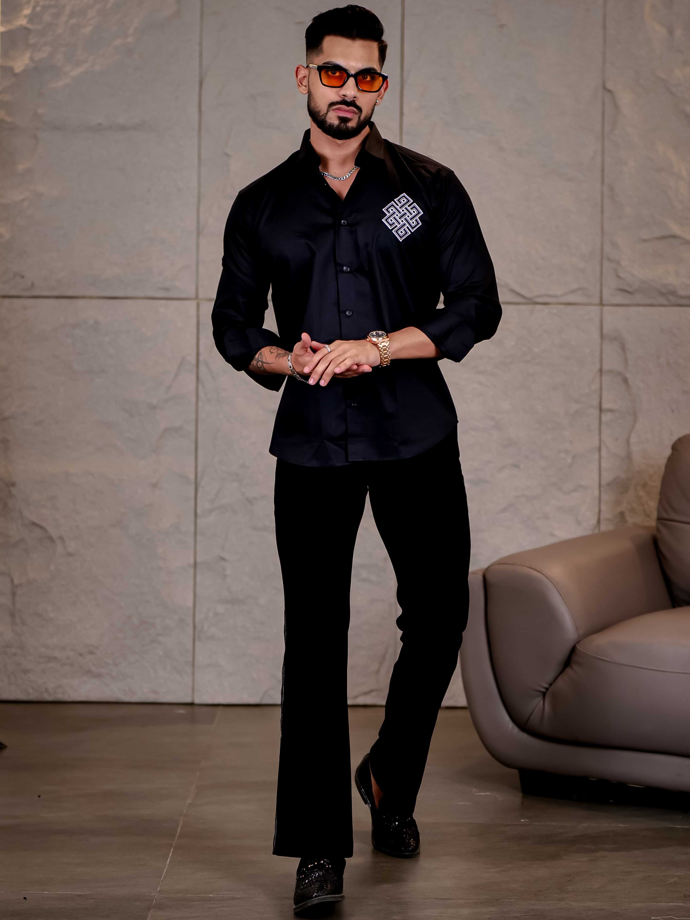 Black Embroidered Premium Cotton Shirt For Men - Image 7