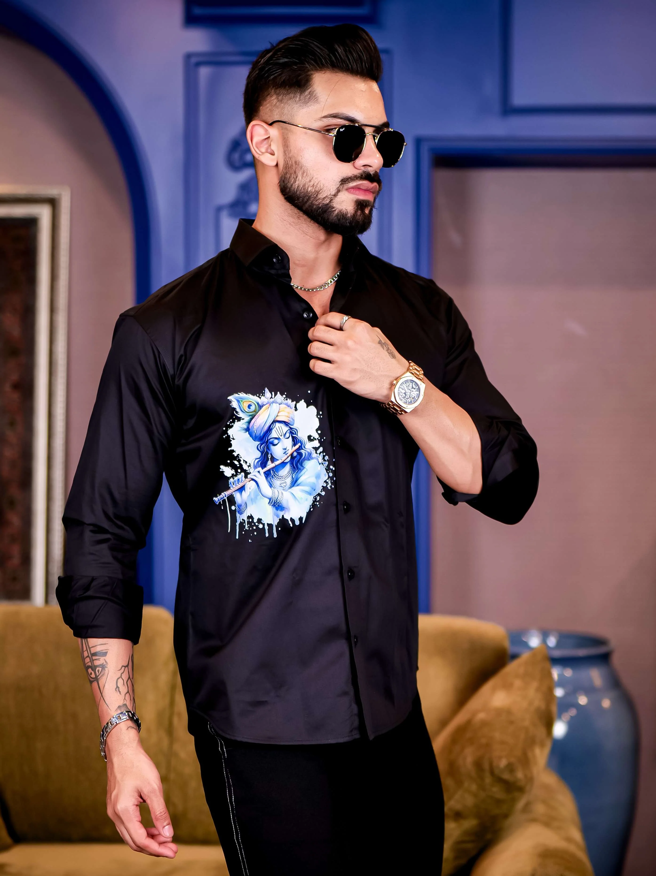 Black God Murlidhar Printed Satin Cotton Shirt