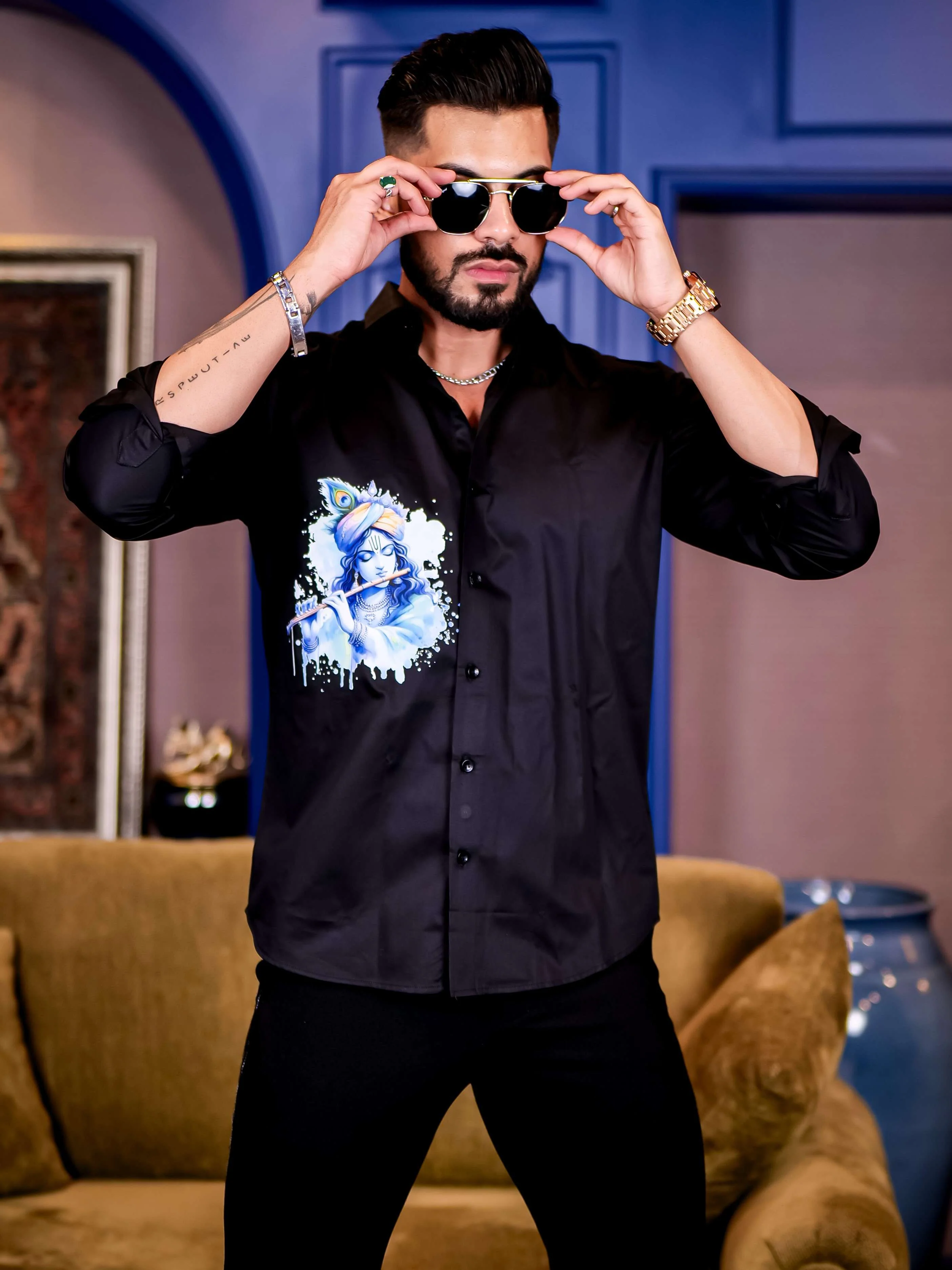 Black God Murlidhar Printed Satin Cotton Shirt - Image 3