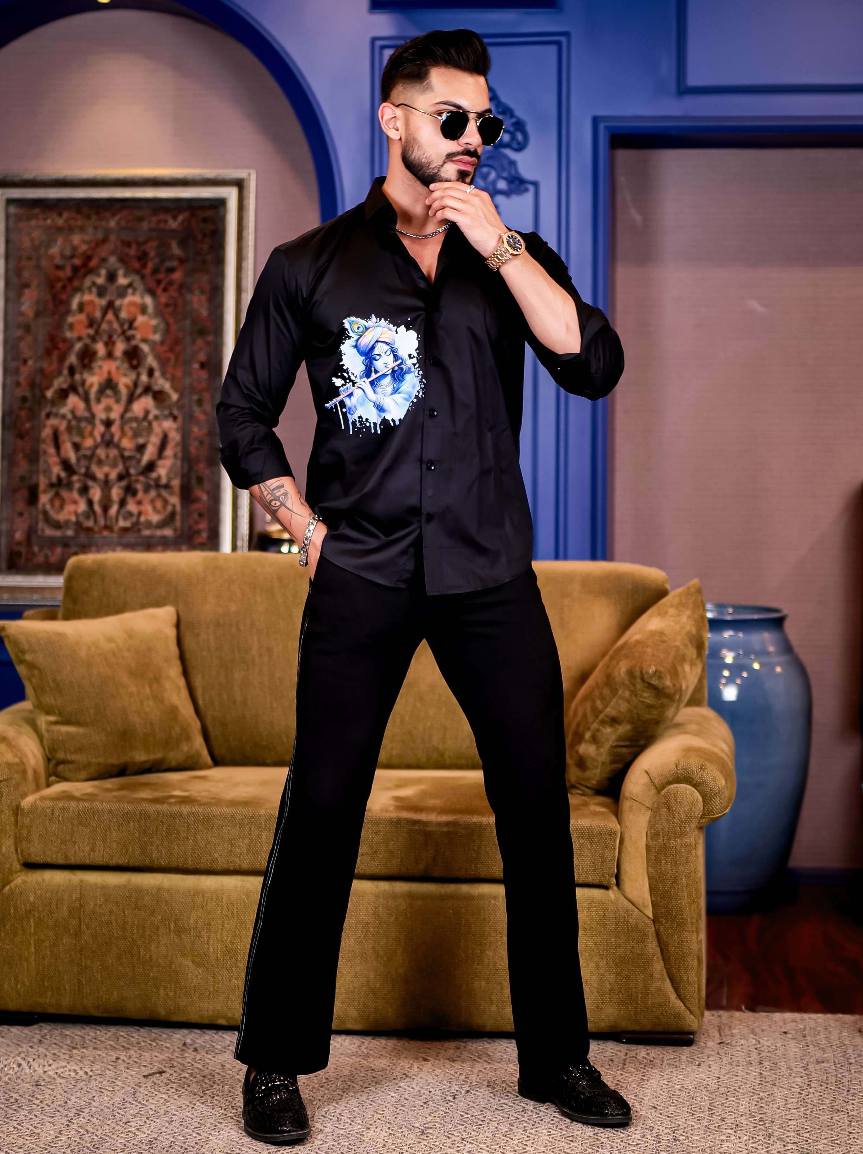Black God Murlidhar Printed Satin Cotton Shirt - Image 4