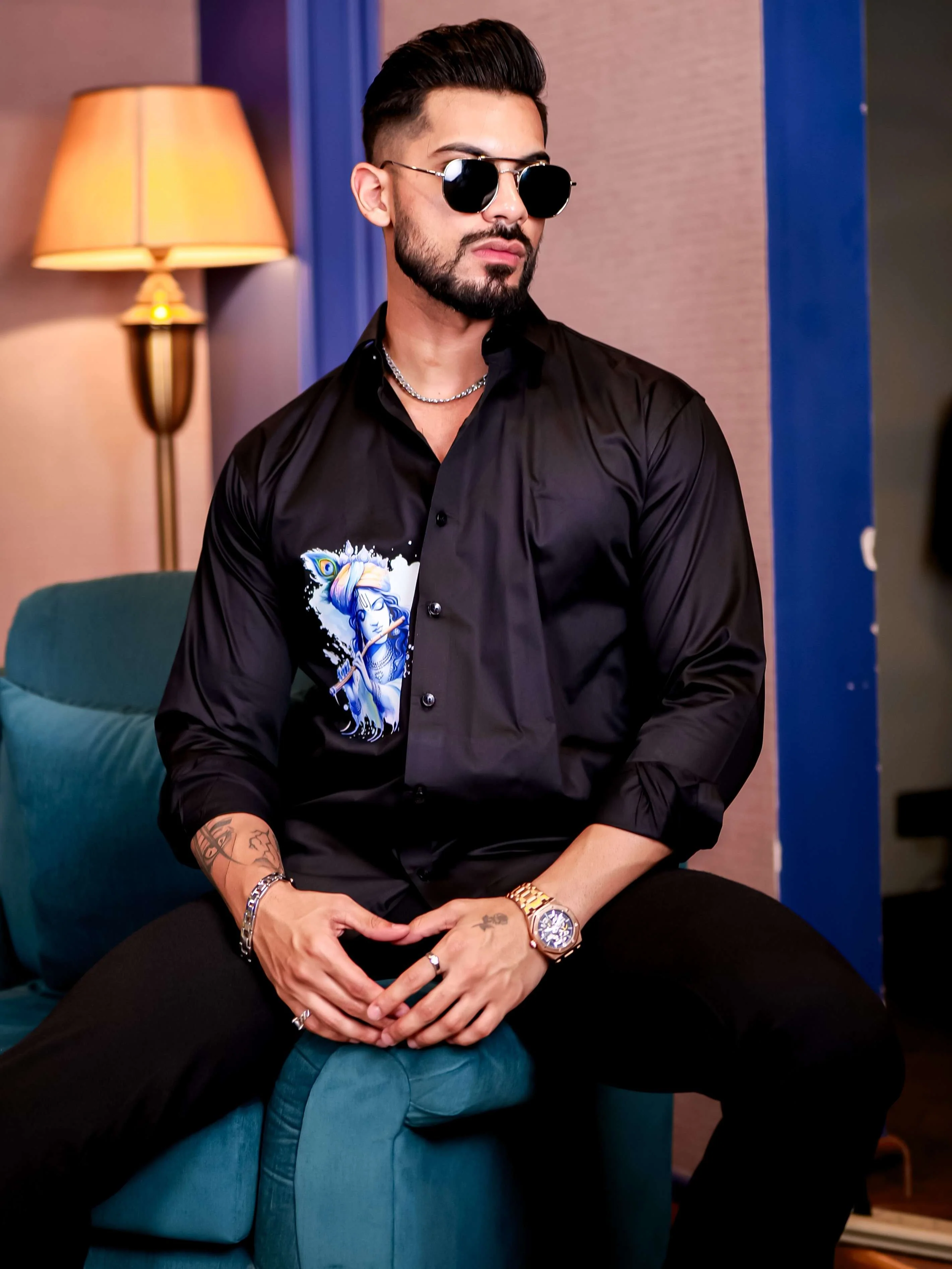 Black God Murlidhar Printed Satin Cotton Shirt - Image 5