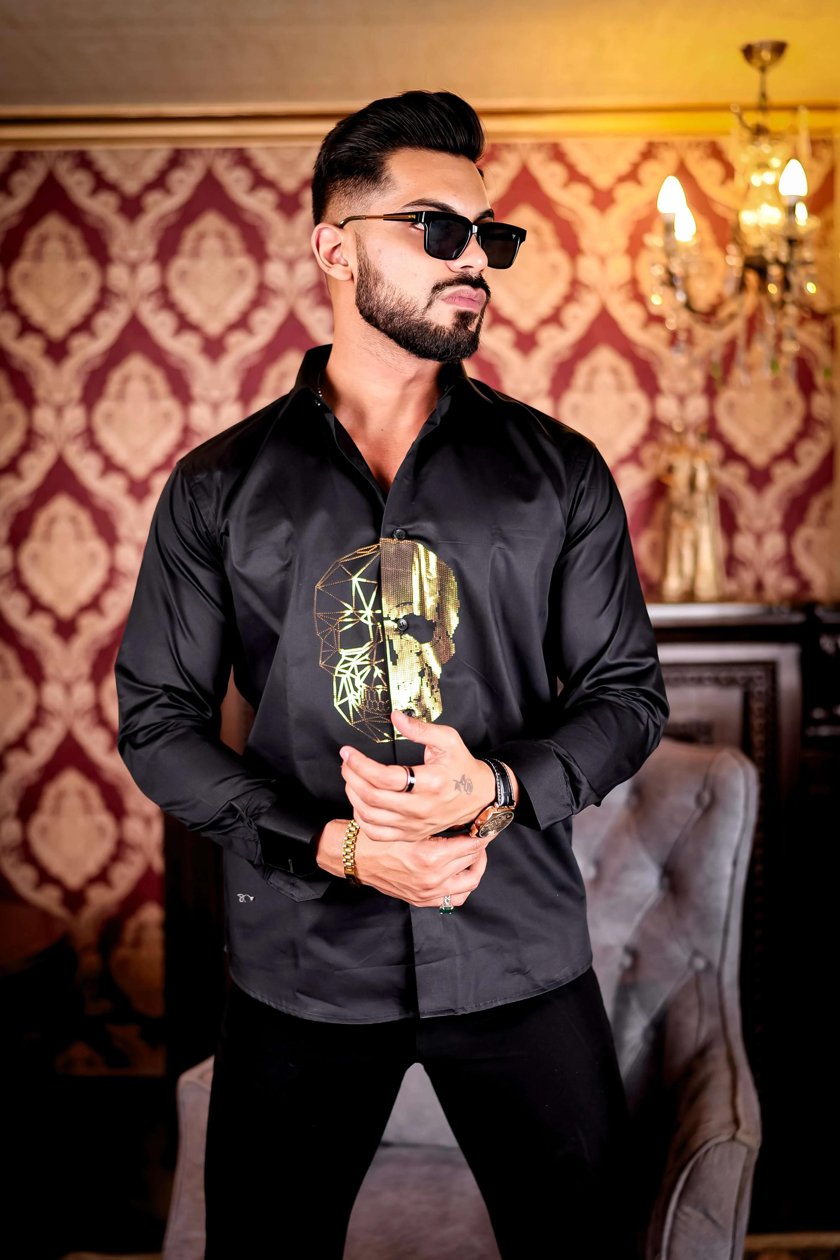 Black Horror Sequin Club Wear Satin Cotton Party Shirt - Image 5