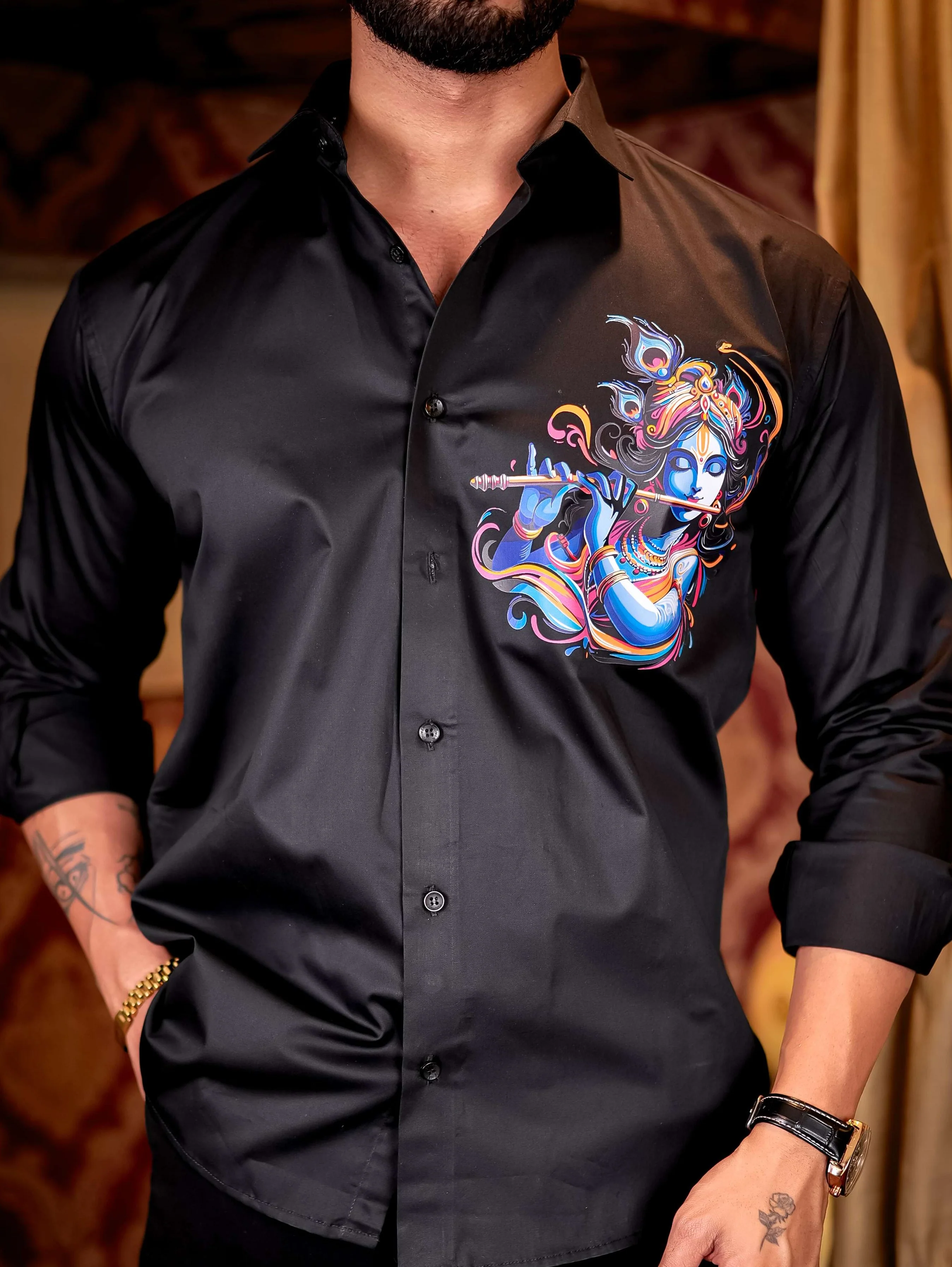 Black Lord Krishna Club Wear Printed Satin Cotton Shirt - Image 2