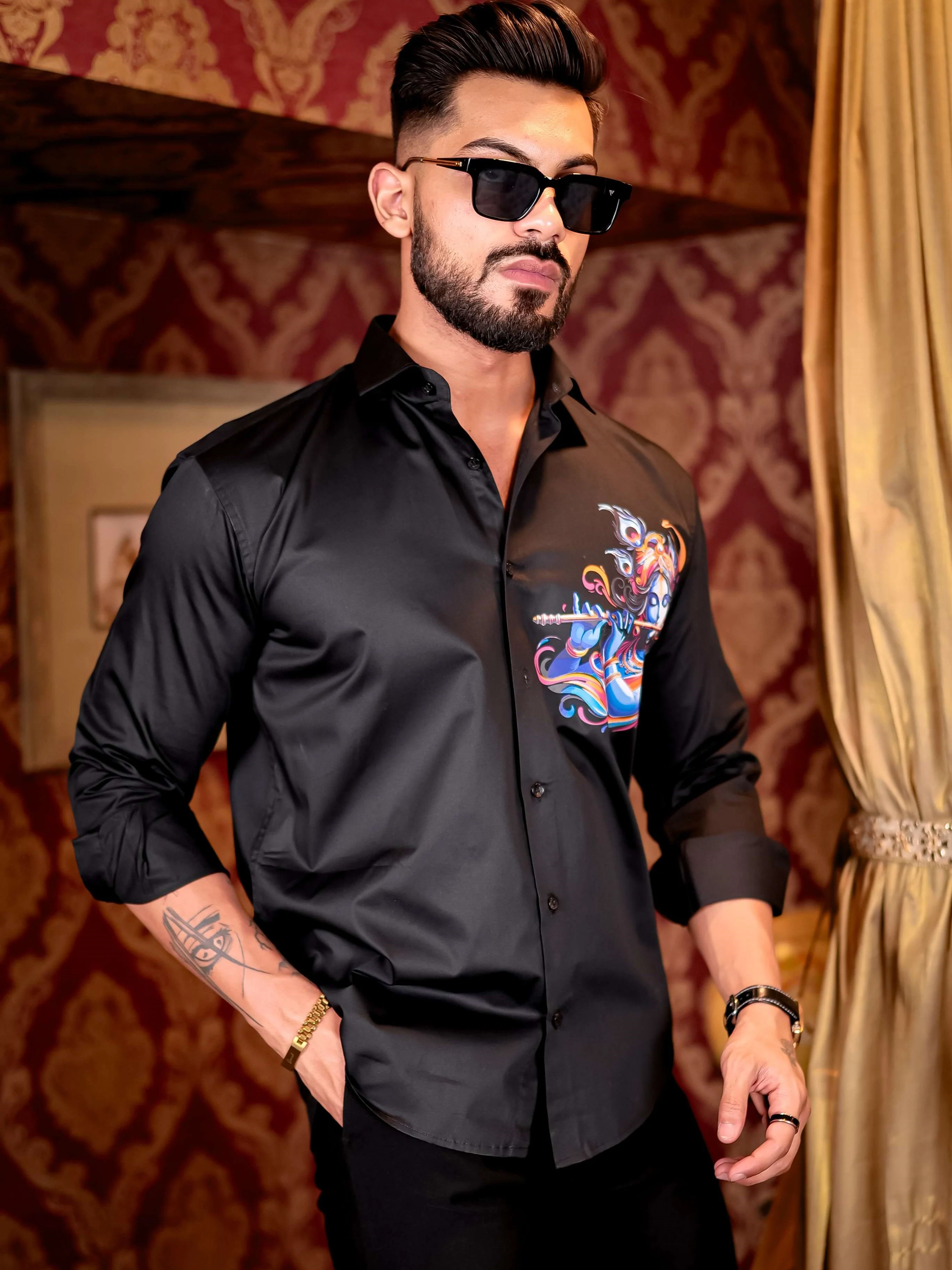 Black Lord Krishna Club Wear Printed Satin Cotton Shirt - Image 3