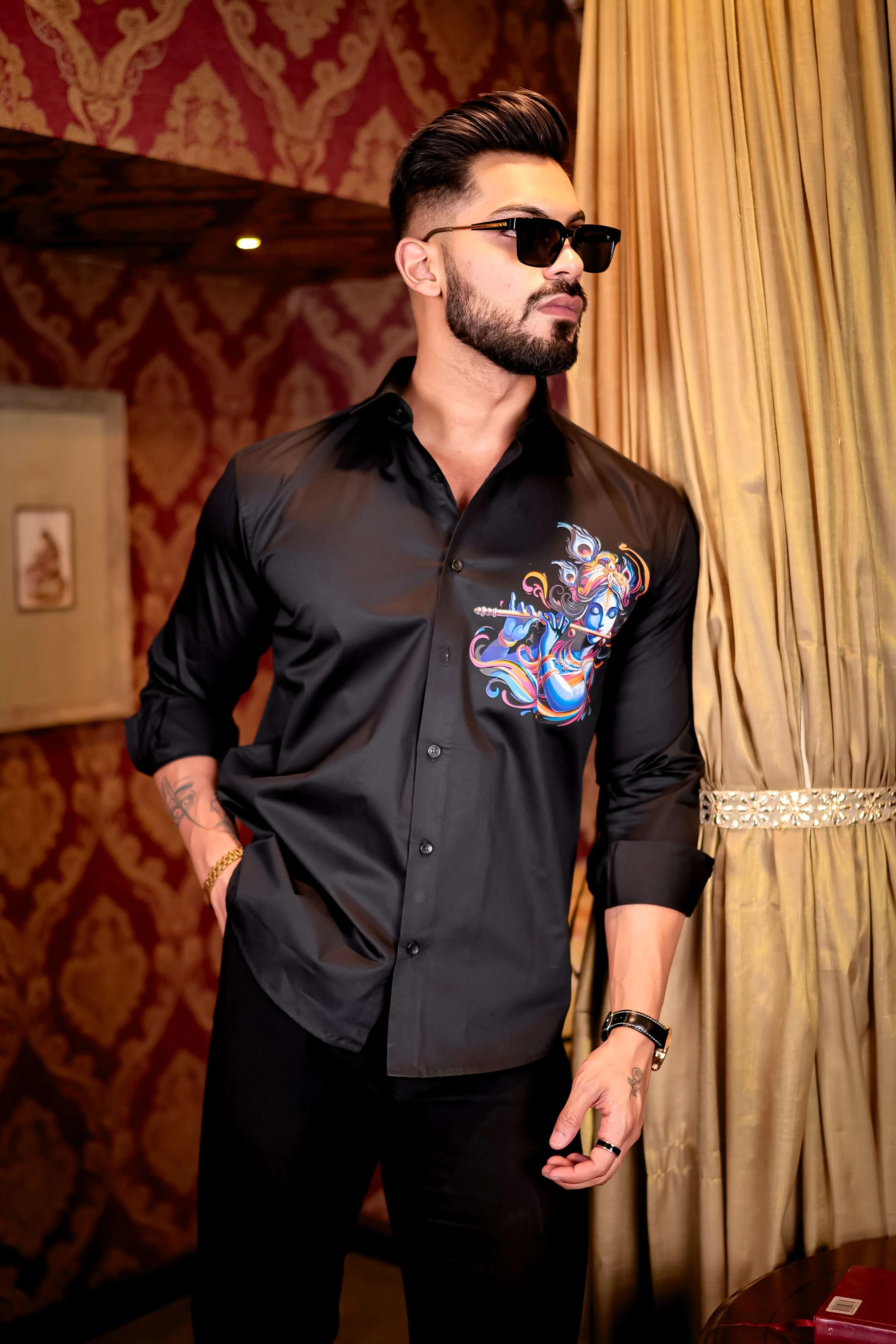 Black Lord Krishna Club Wear Printed Satin Cotton Shirt - Image 4