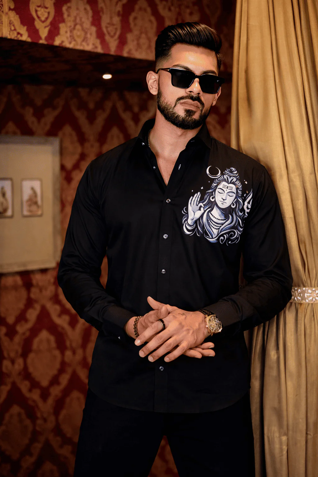Black Lord Shiva Club Wear Printed Satin Cotton Shirt