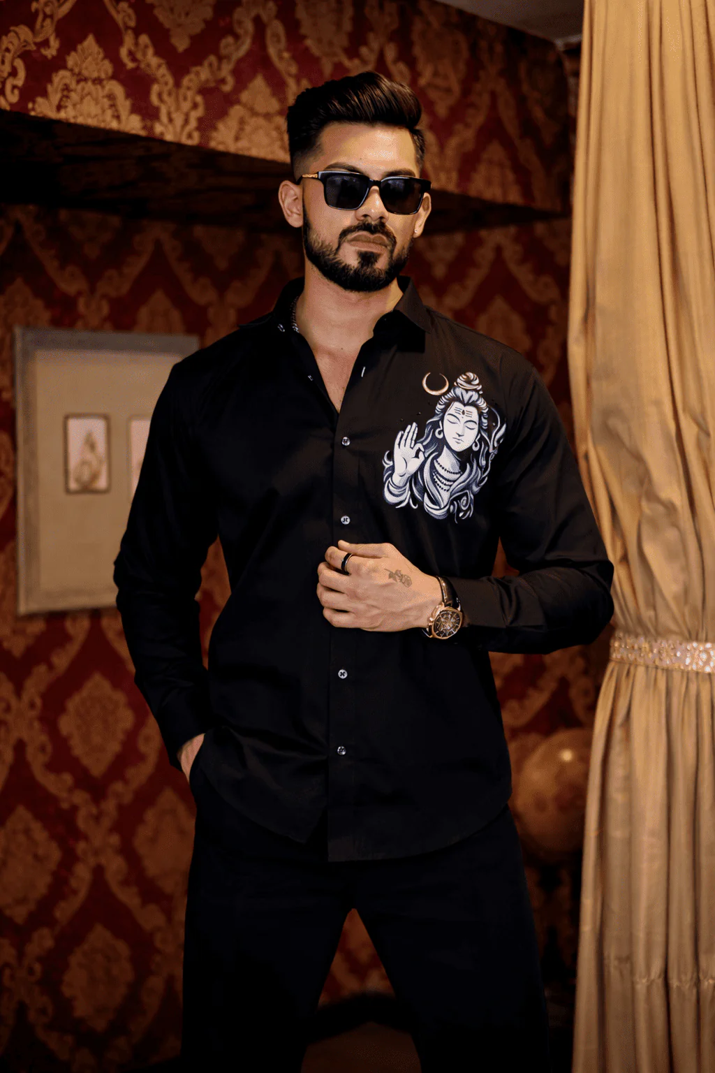 Black Lord Shiva Club Wear Printed Satin Cotton Shirt - Image 2