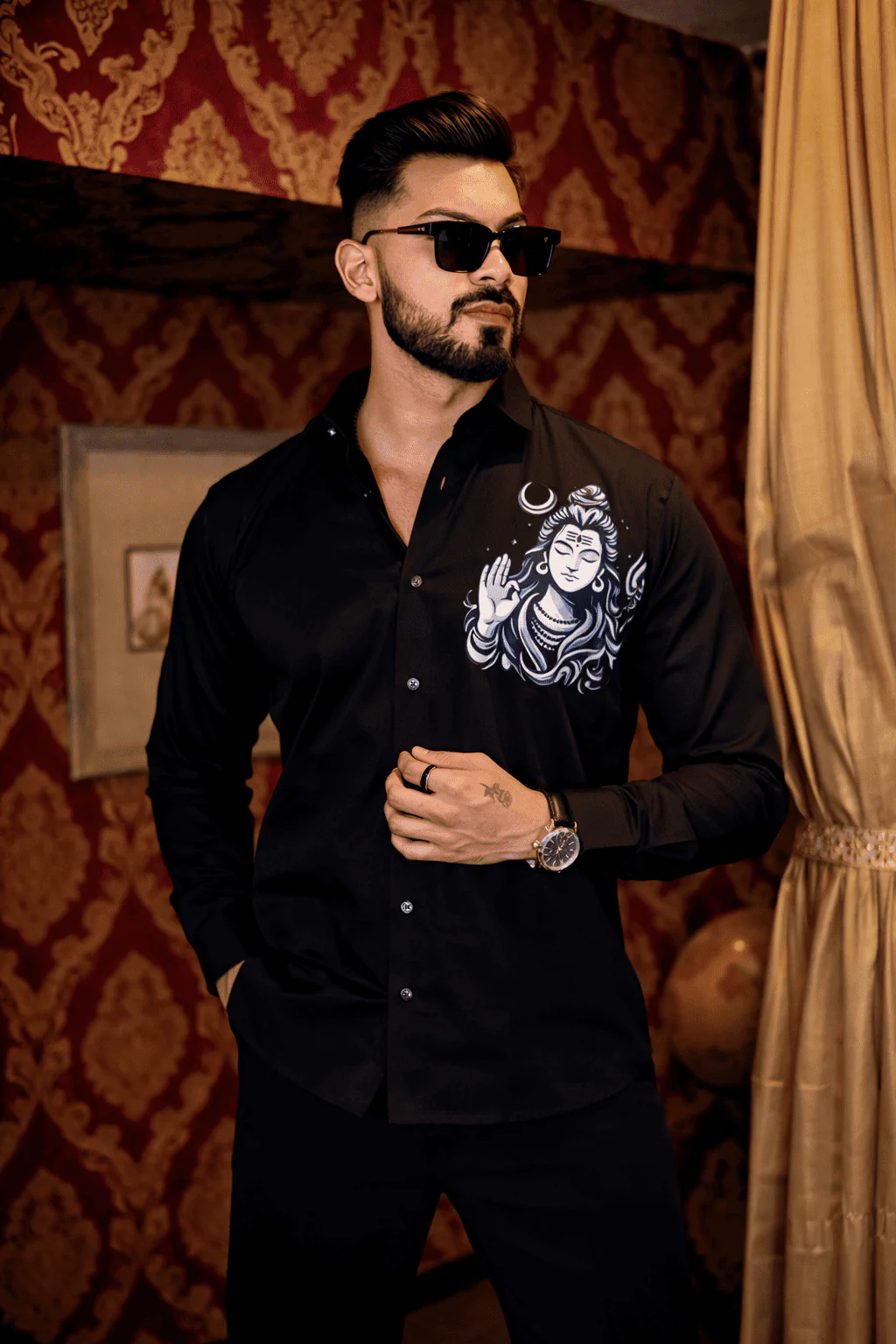 Black Lord Shiva Club Wear Printed Satin Cotton Shirt - Image 4