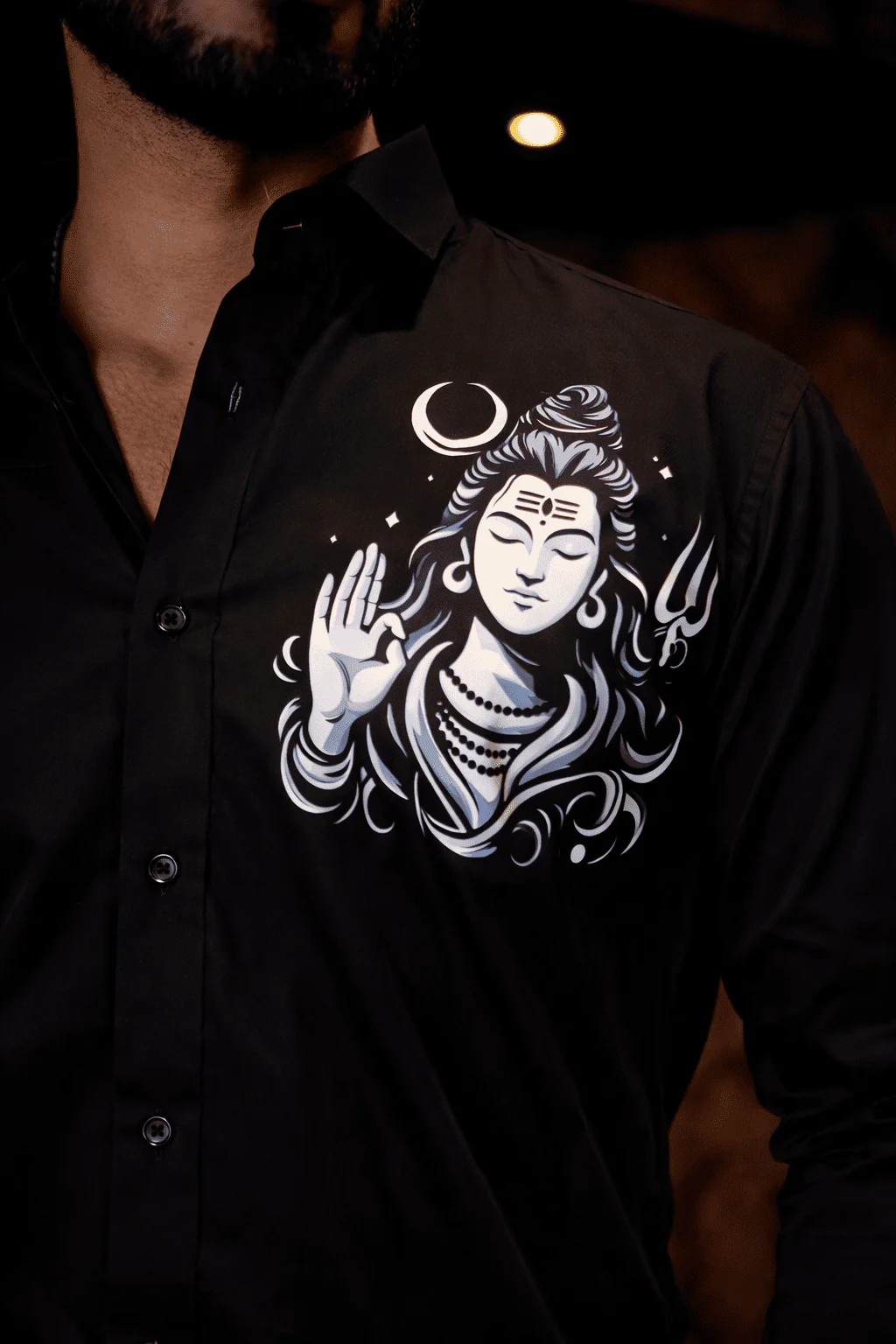 Black Lord Shiva Club Wear Printed Satin Cotton Shirt - Image 5