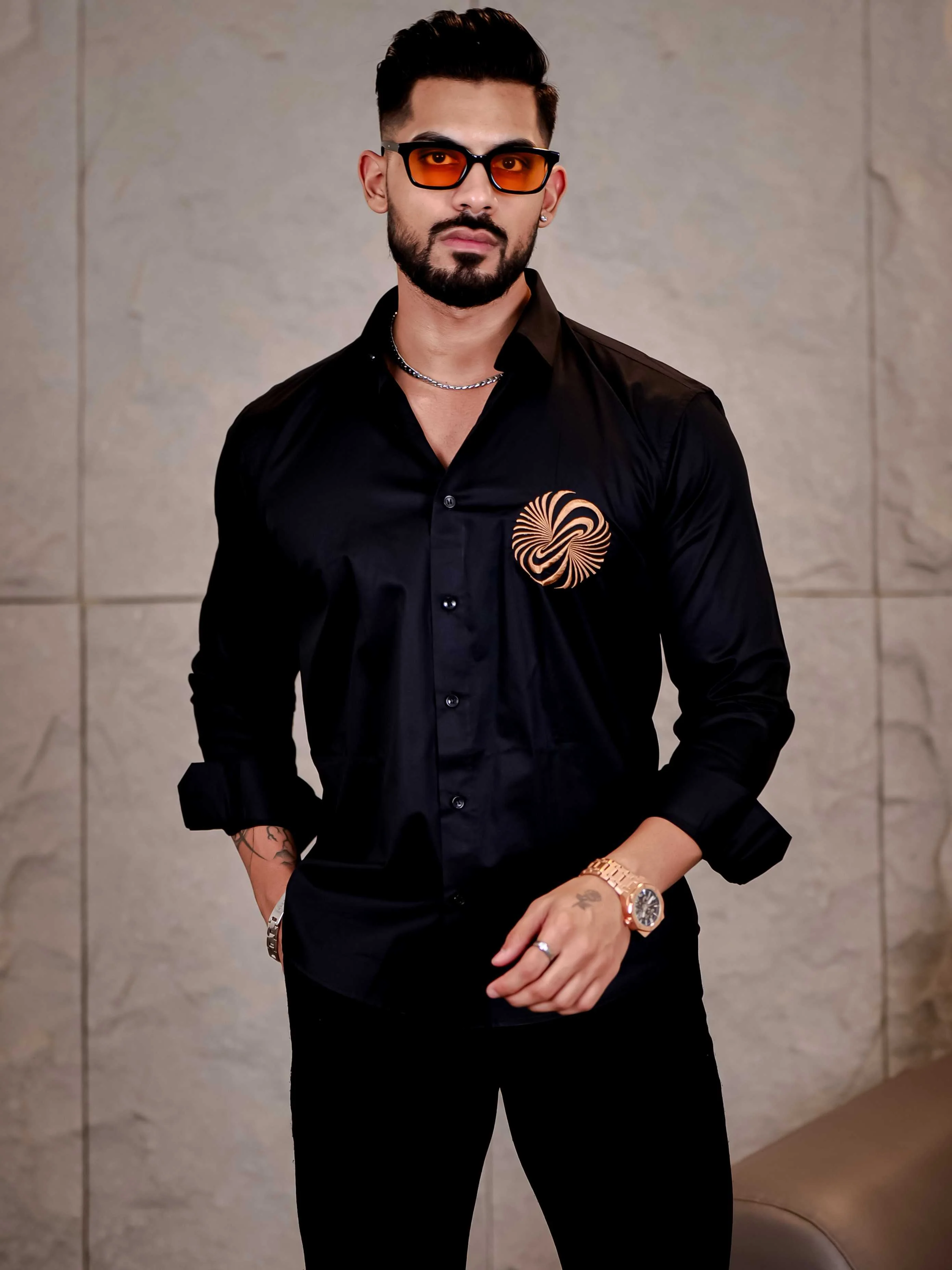 Black Money Attract Embroidered Premium Cotton Shirt For Men - Image 4